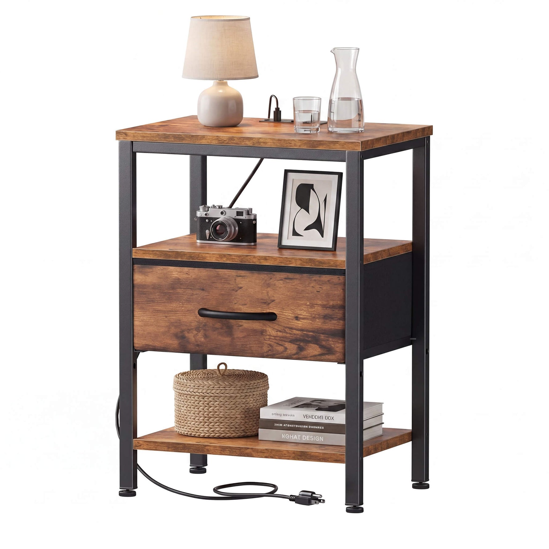 StockMAX Modern Nightstand with Power Outlets and Fabric Drawer