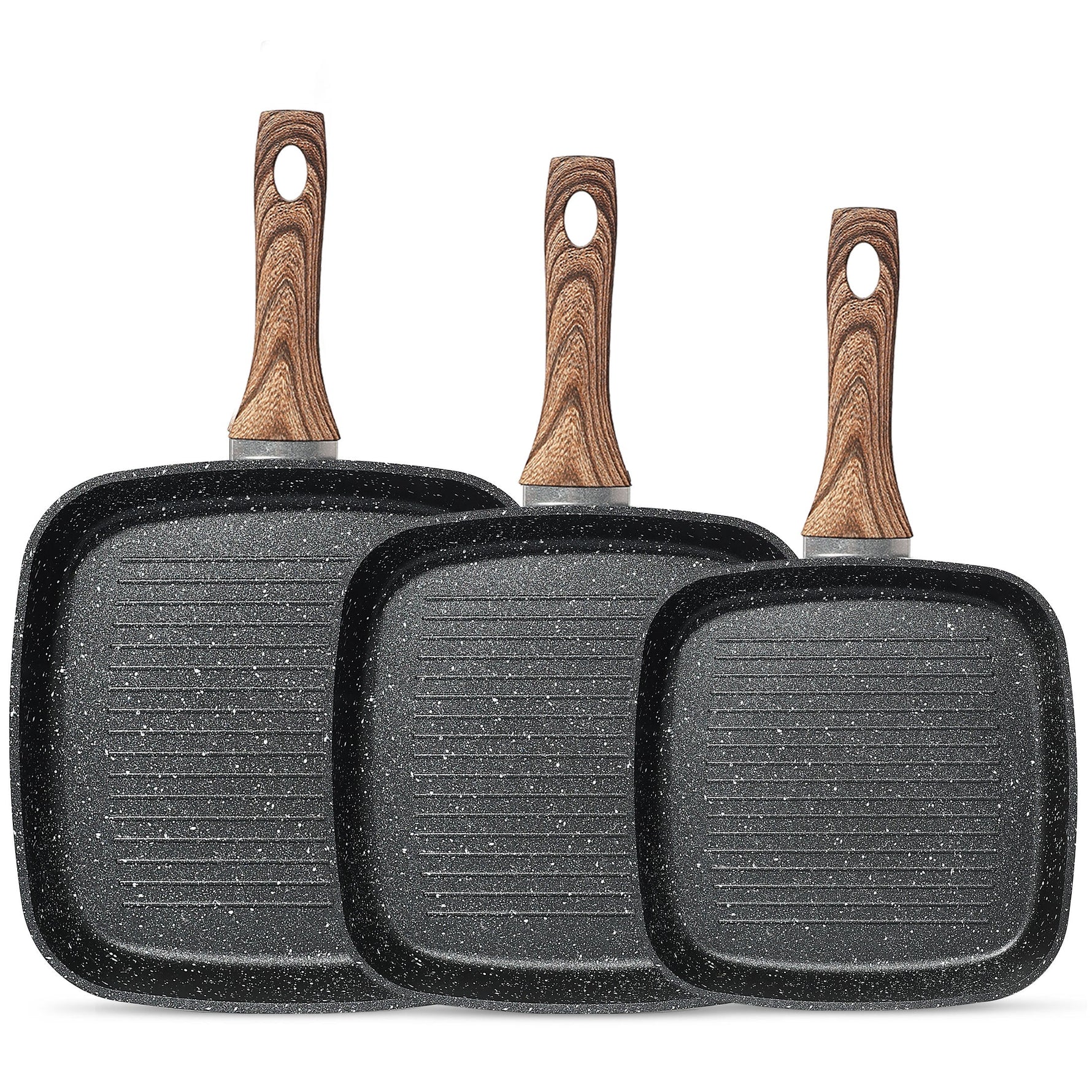 StockMAX Nonstick Cookware Set, Square Frying Pan Set with Wooden Handle