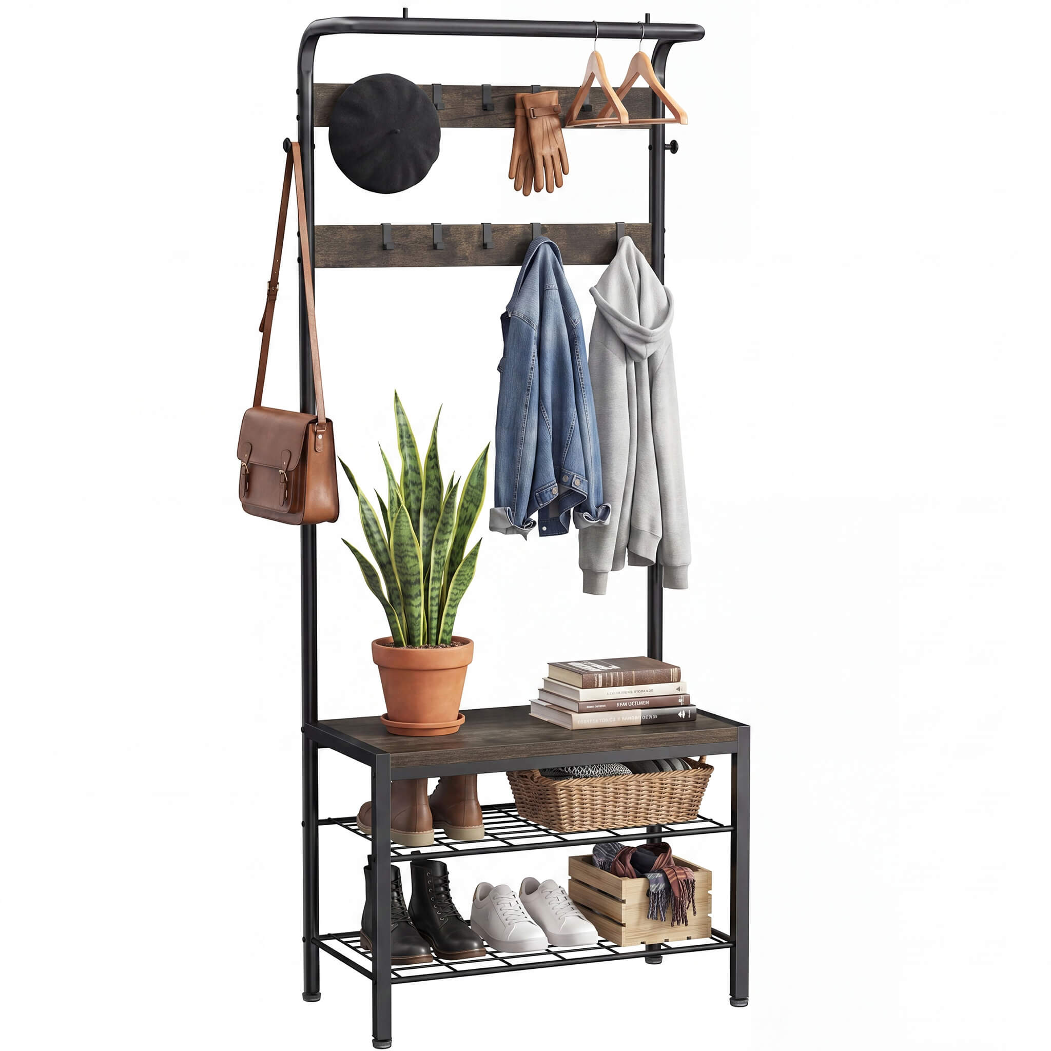 StockMAX Modern Coat Rack with Shoe Bench, Hall Tree for Living Room