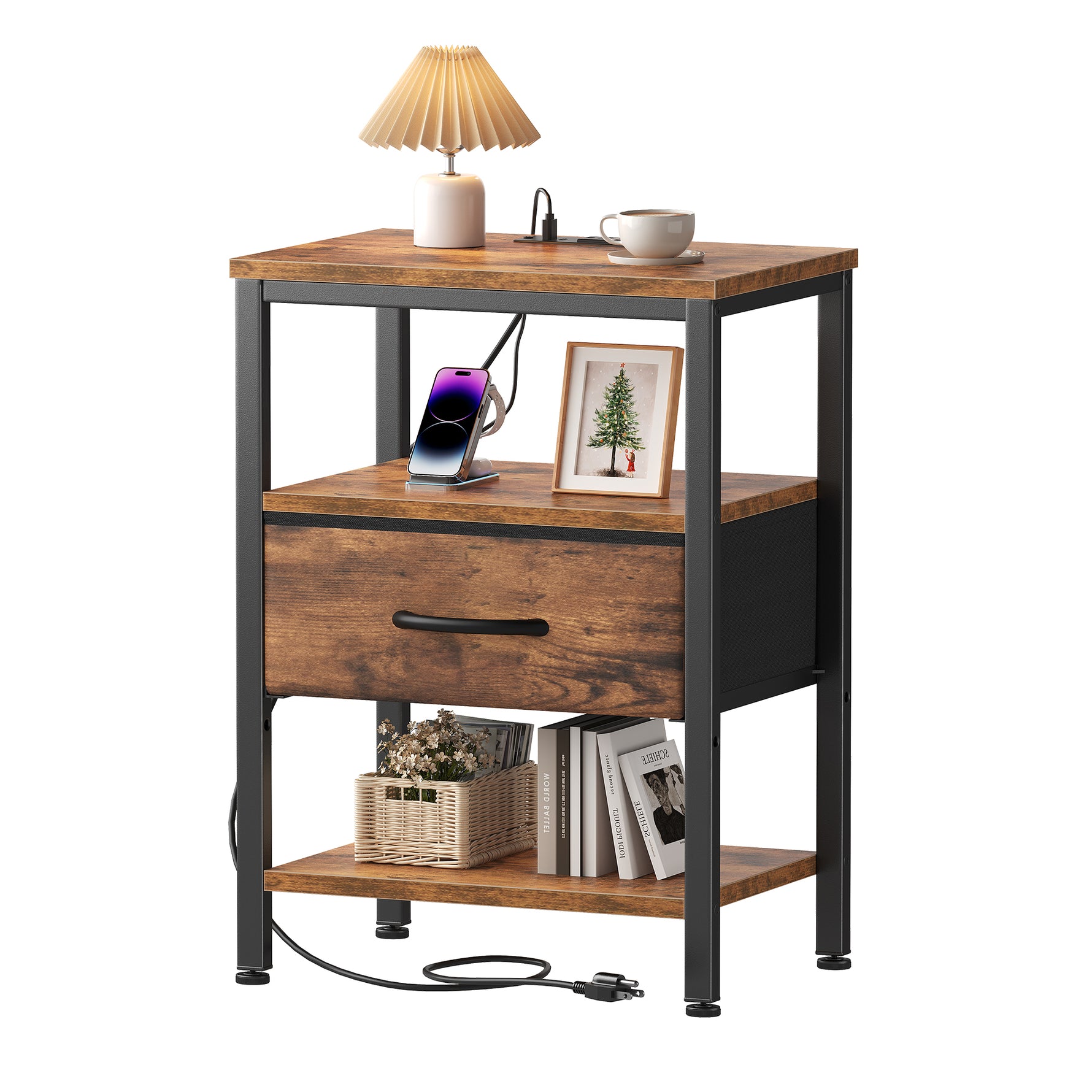 StockMAX Modern Nightstand with Power Outlets and Fabric Drawer