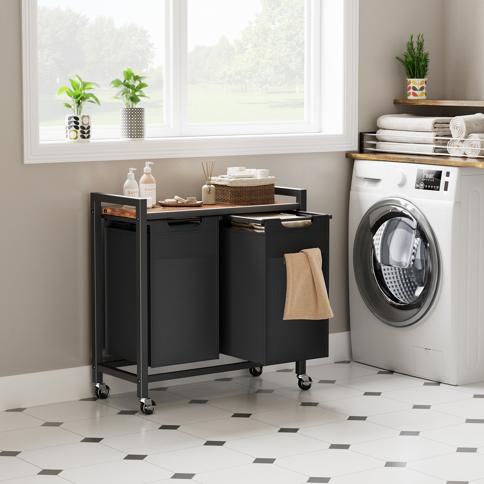 StockMAX Rolling Laundry Basket with Shelf with Multiple Drawers