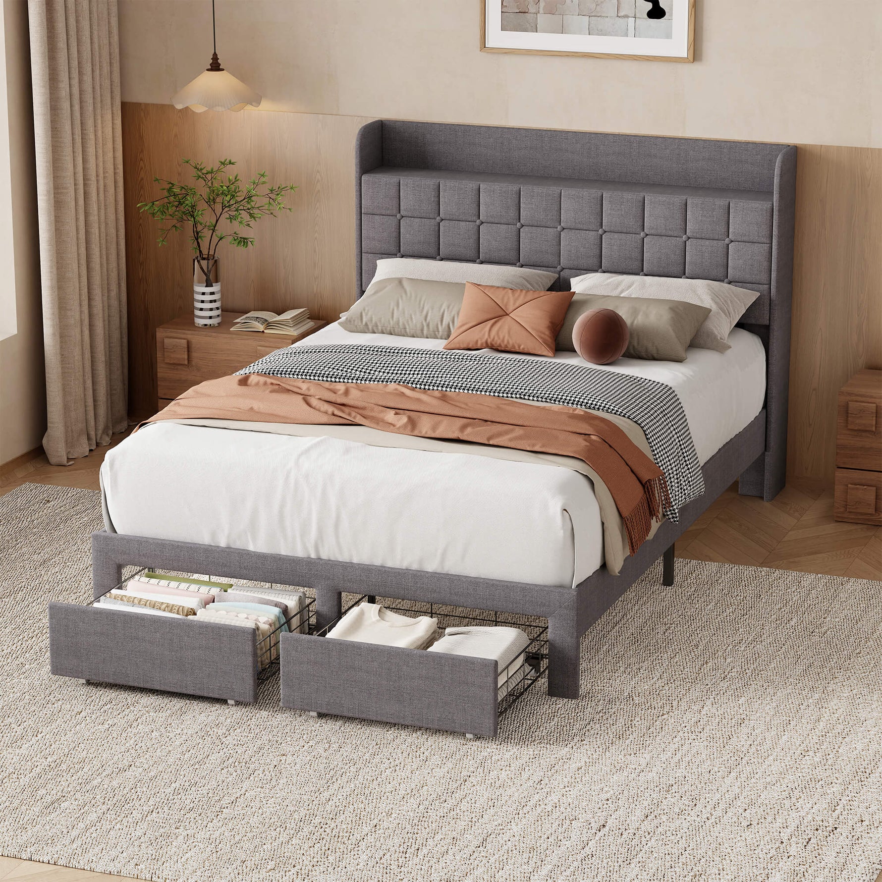 StockMAX Upholstered Heavy Duty Platform Bed Frame with Drawers