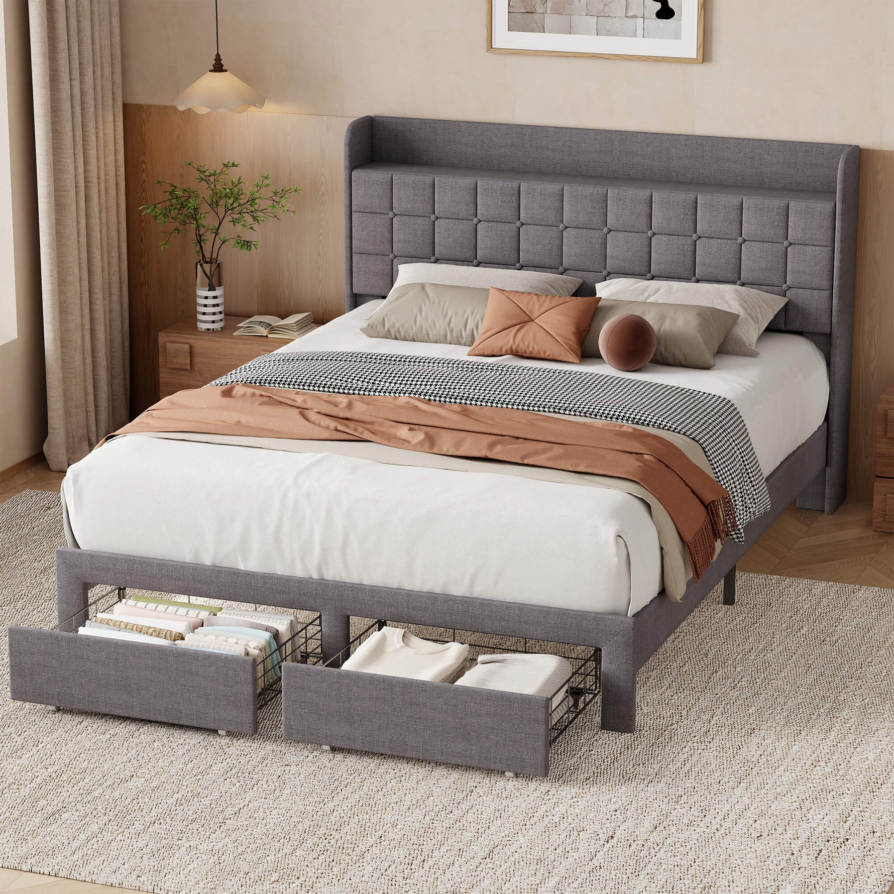StockMAX Upholstered Heavy Duty Platform Bed Frame with Drawers