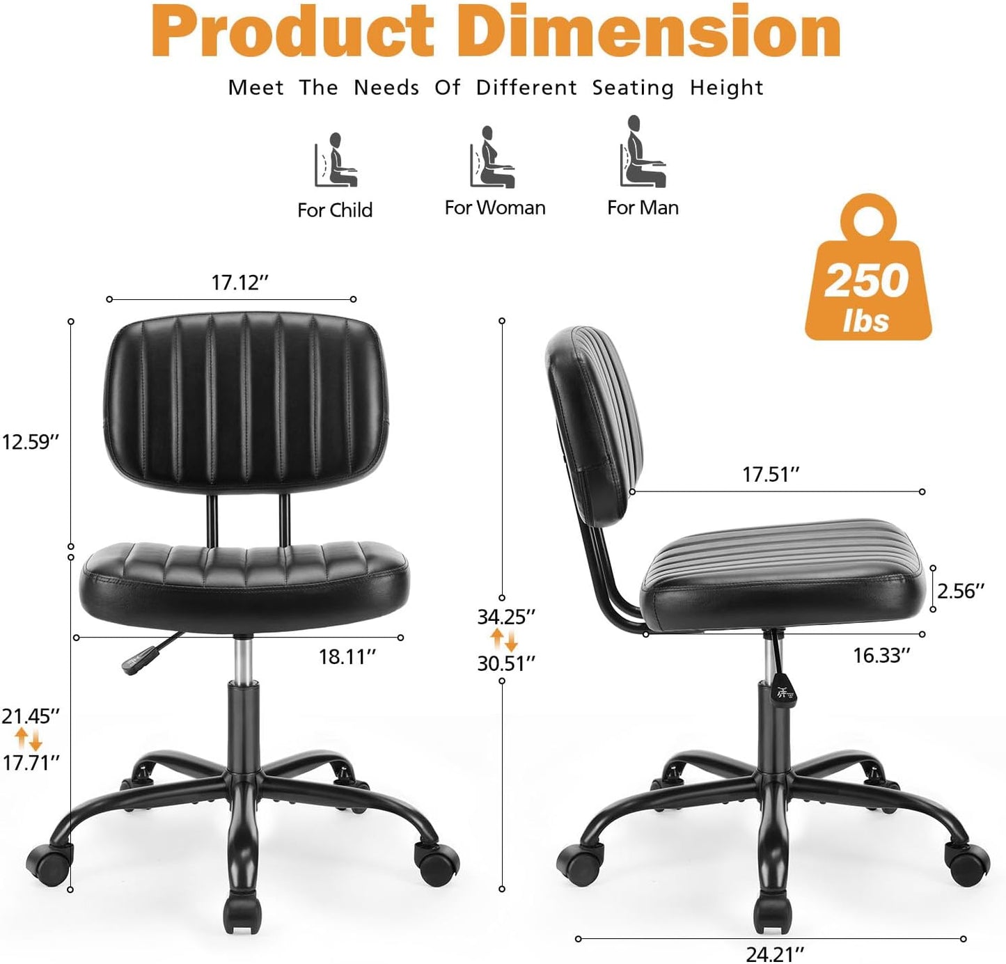 Small Office Desk Chair with Wheels Armless Comfy Computer Chair  2193