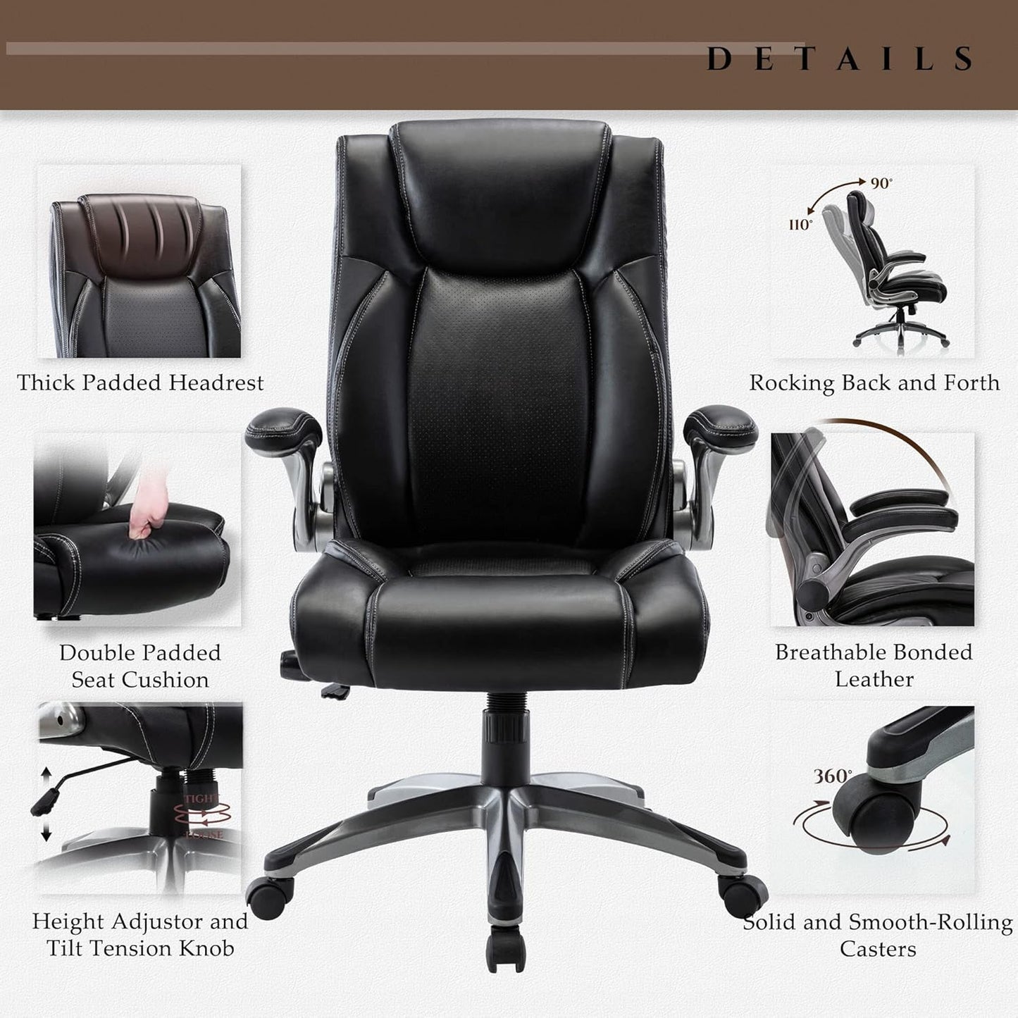 Leather Executive Office Chair - High Back Home Computer Desk Chair with Padded Flip-up Arms  287