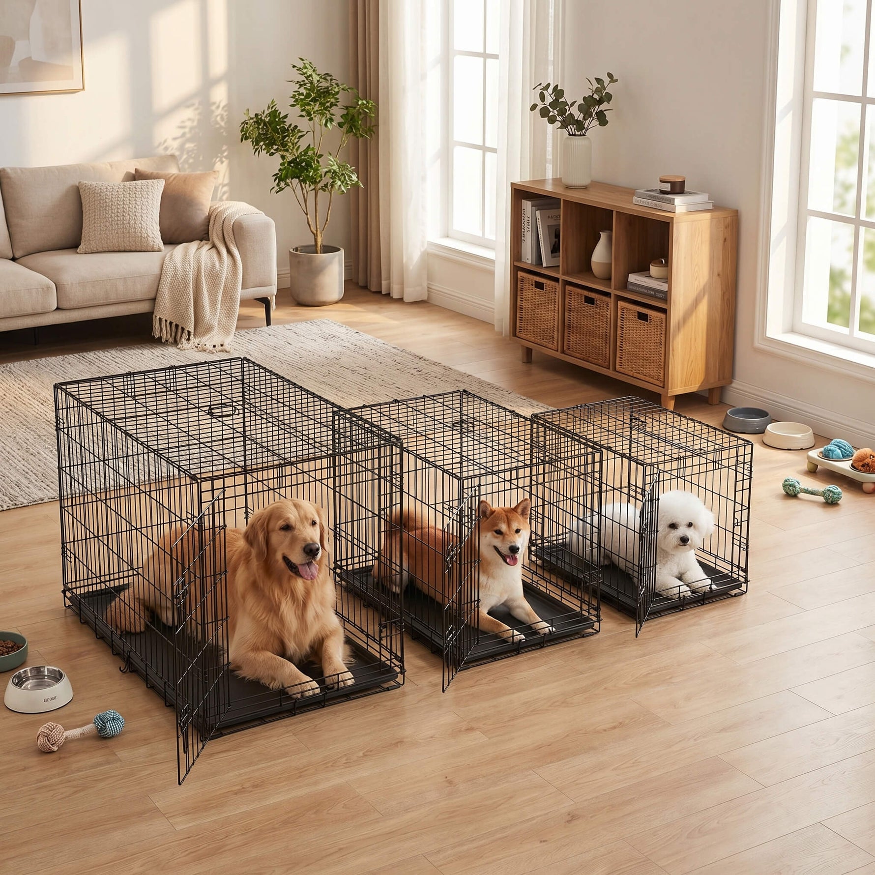 Three dogs in separate black wire crates in a living room.