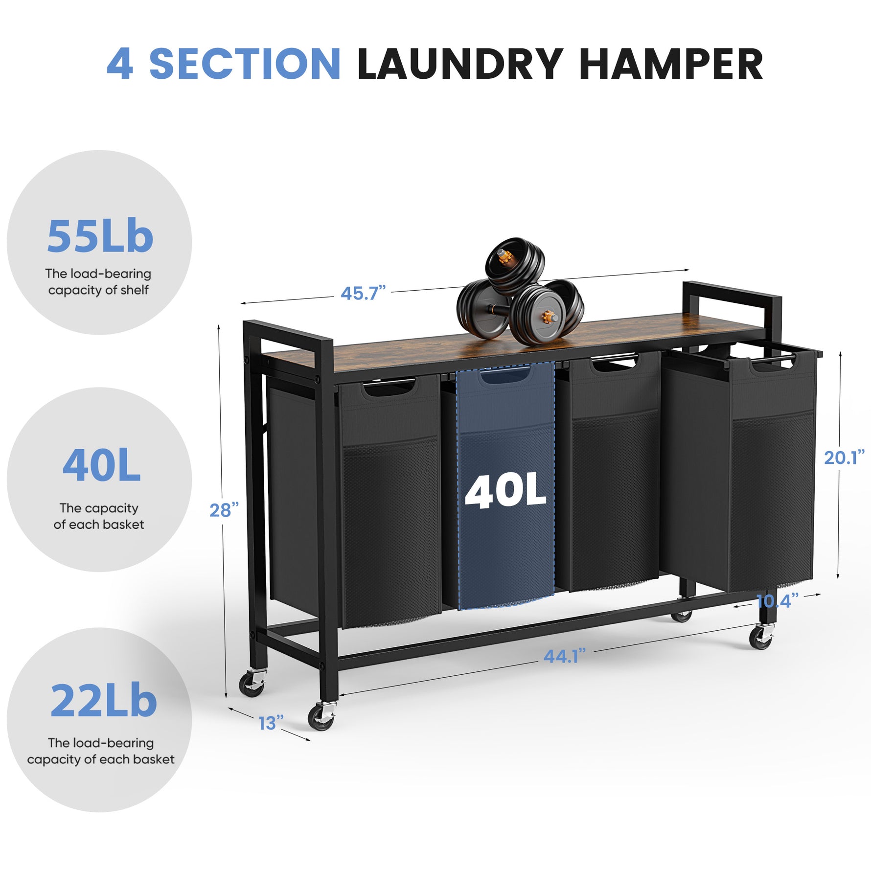 StockMAX Rolling Laundry Basket with Shelf with Multiple Drawers