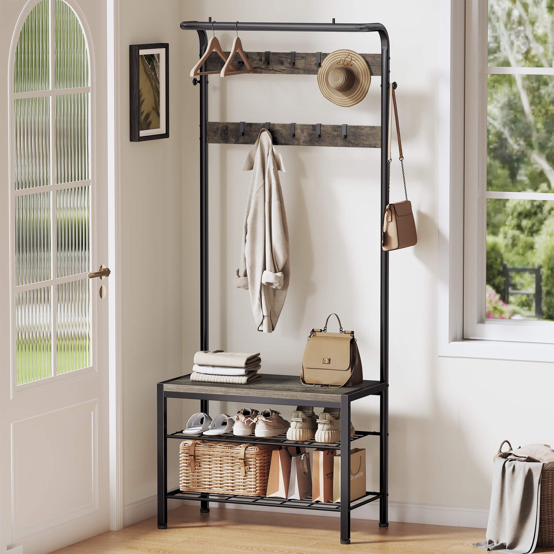 StockMAX Modern Coat Rack with Shoe Bench, Hall Tree for Living Room