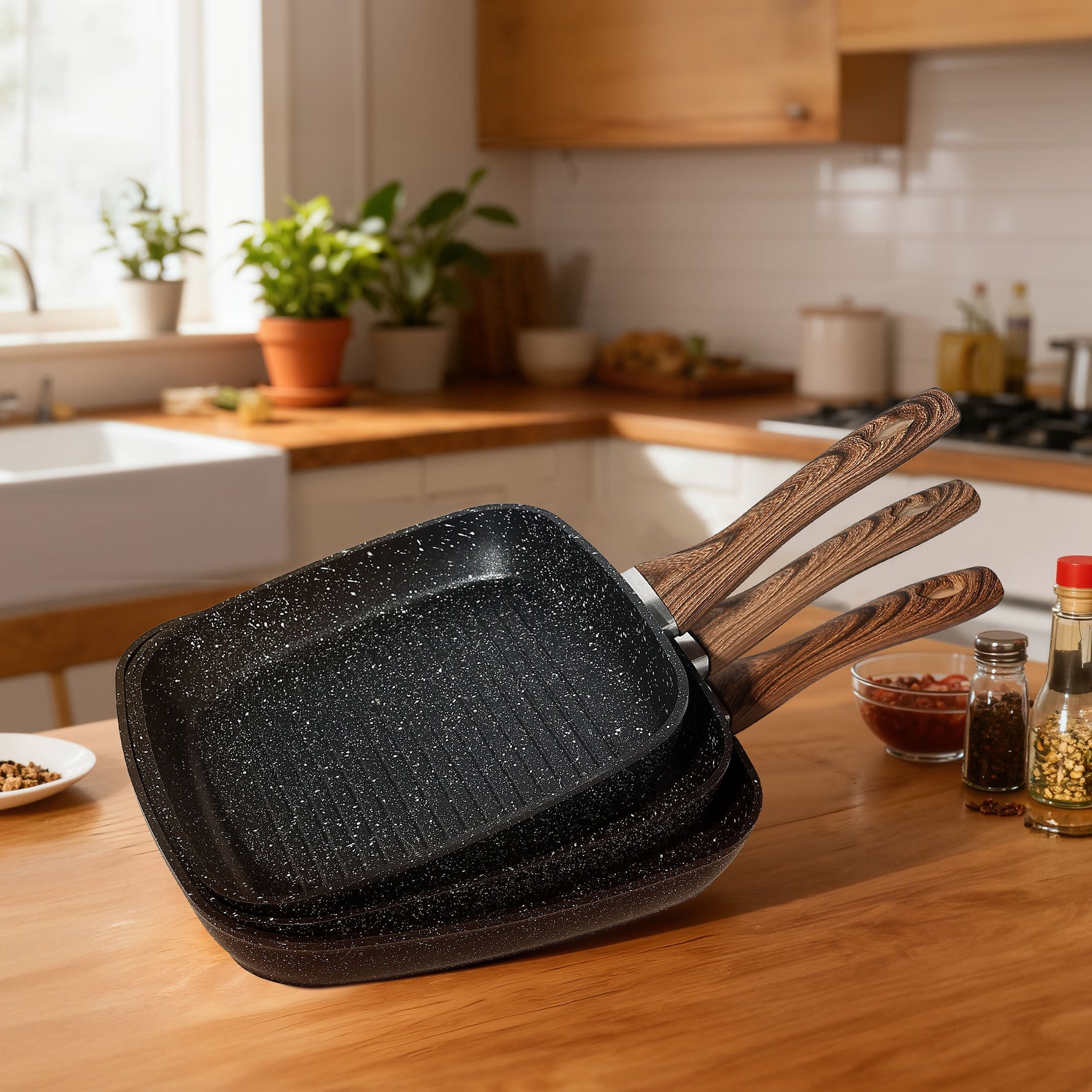 StockMAX Nonstick Cookware Set, Square Frying Pan Set with Wooden Handle