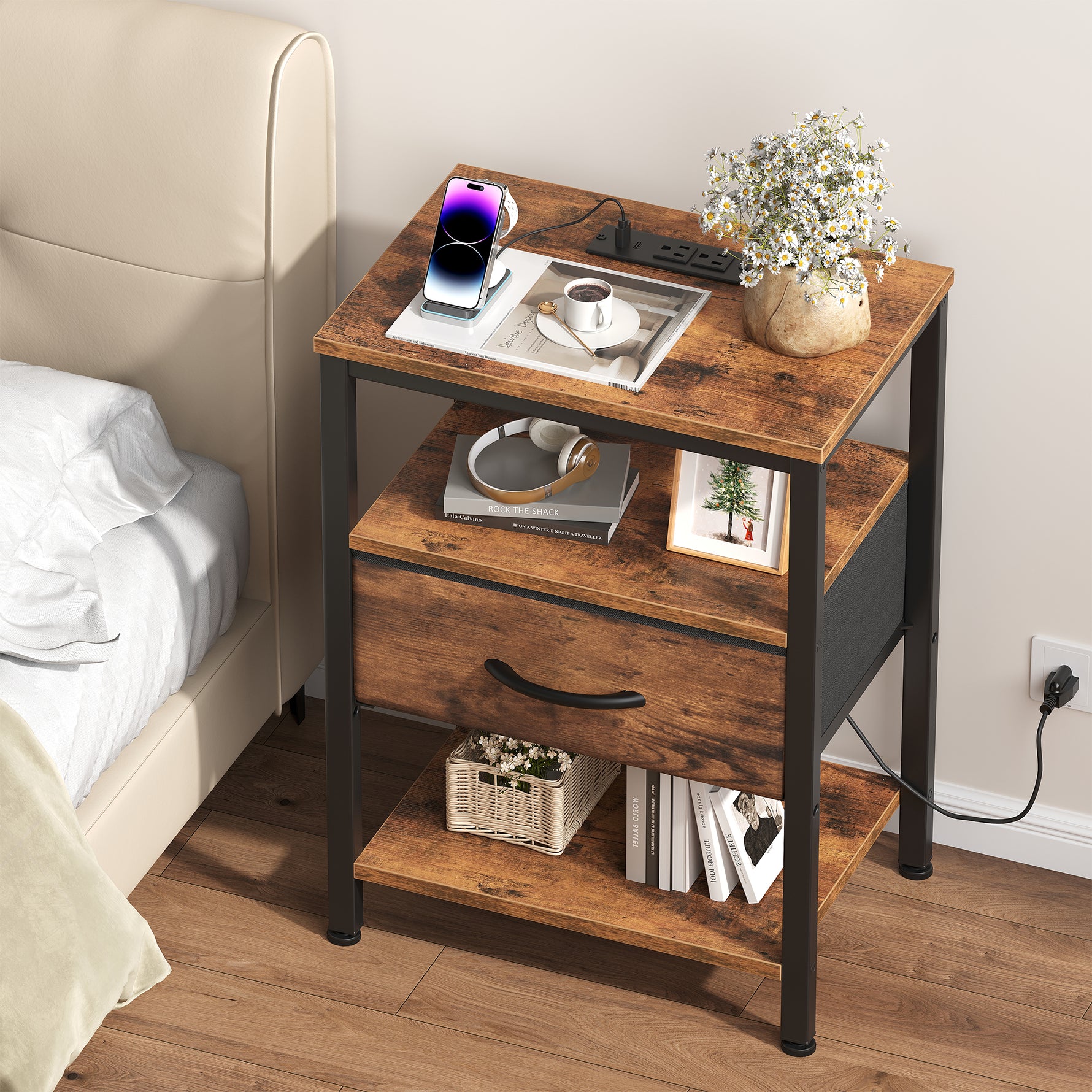 StockMAX Modern Nightstand with Power Outlets and Fabric Drawer