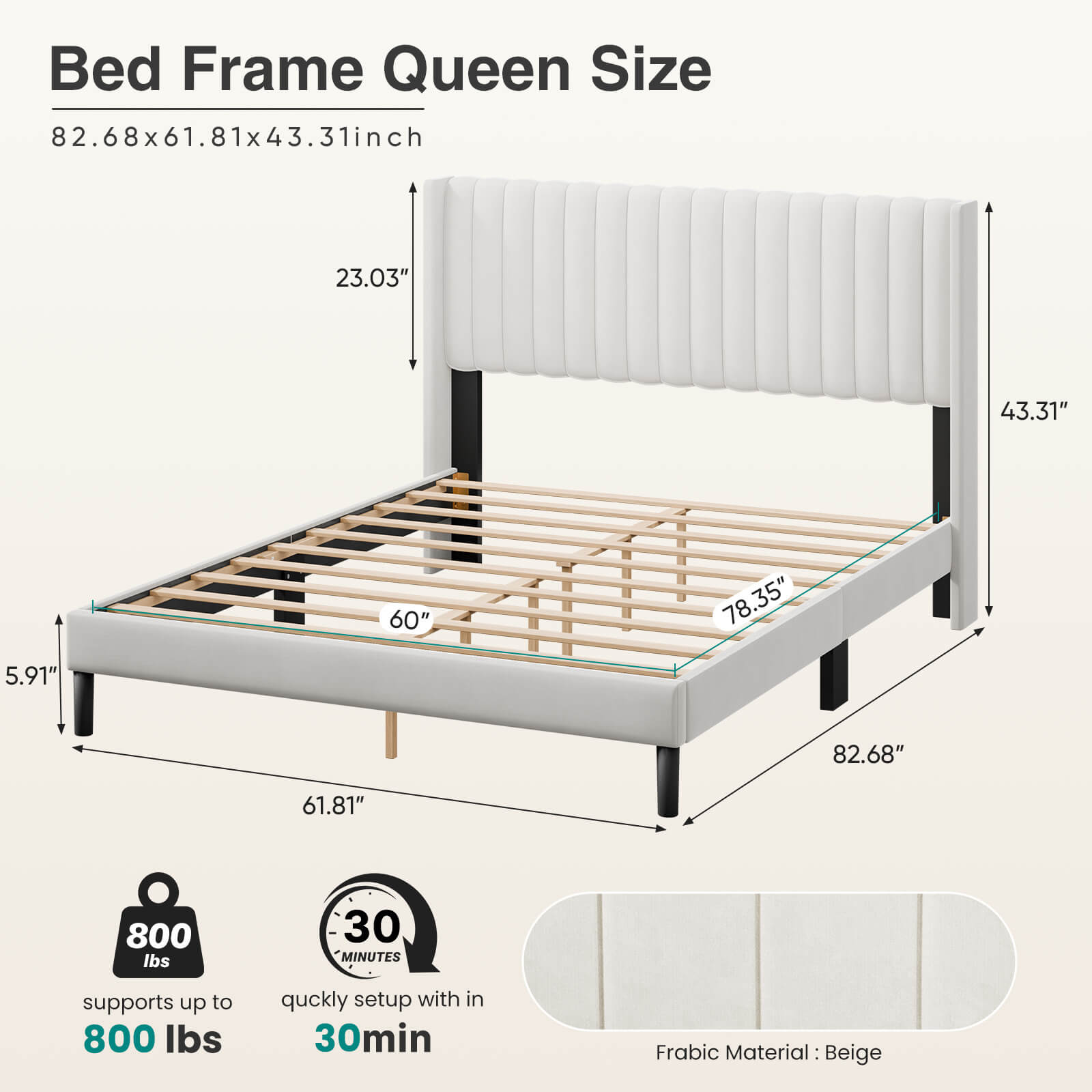 StockMAX Upholstered Platform Bed Frame，Modern Accent Indoor Bedroom Furniture