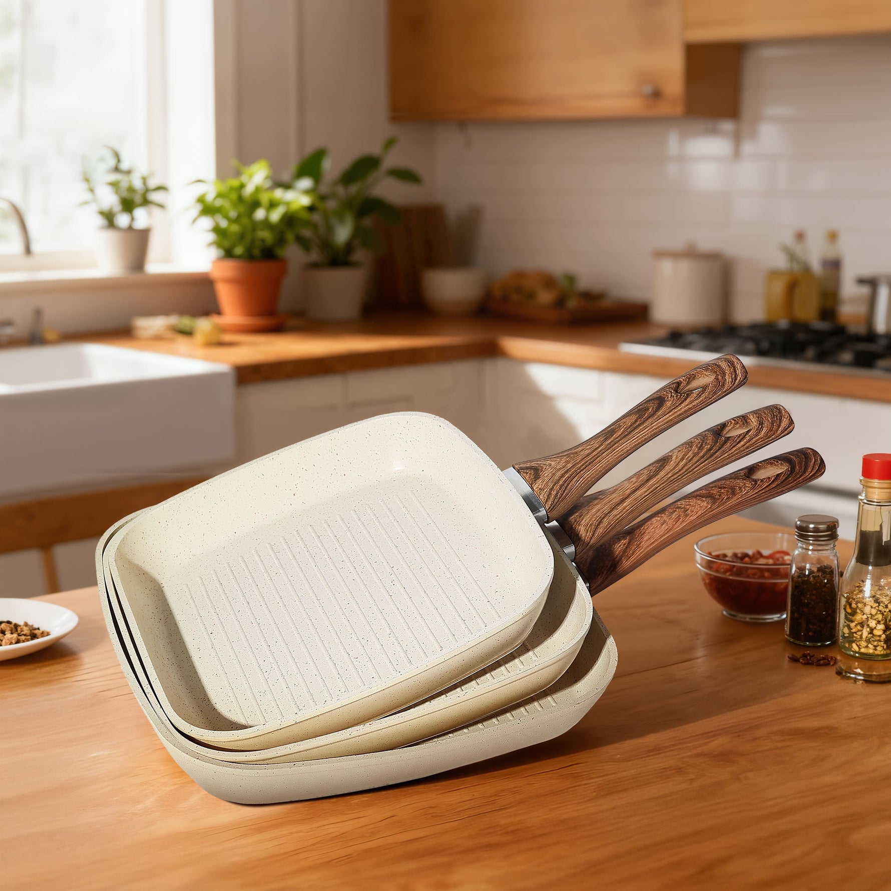 StockMAX Nonstick Cookware Set, Square Frying Pan Set with Wooden Handle