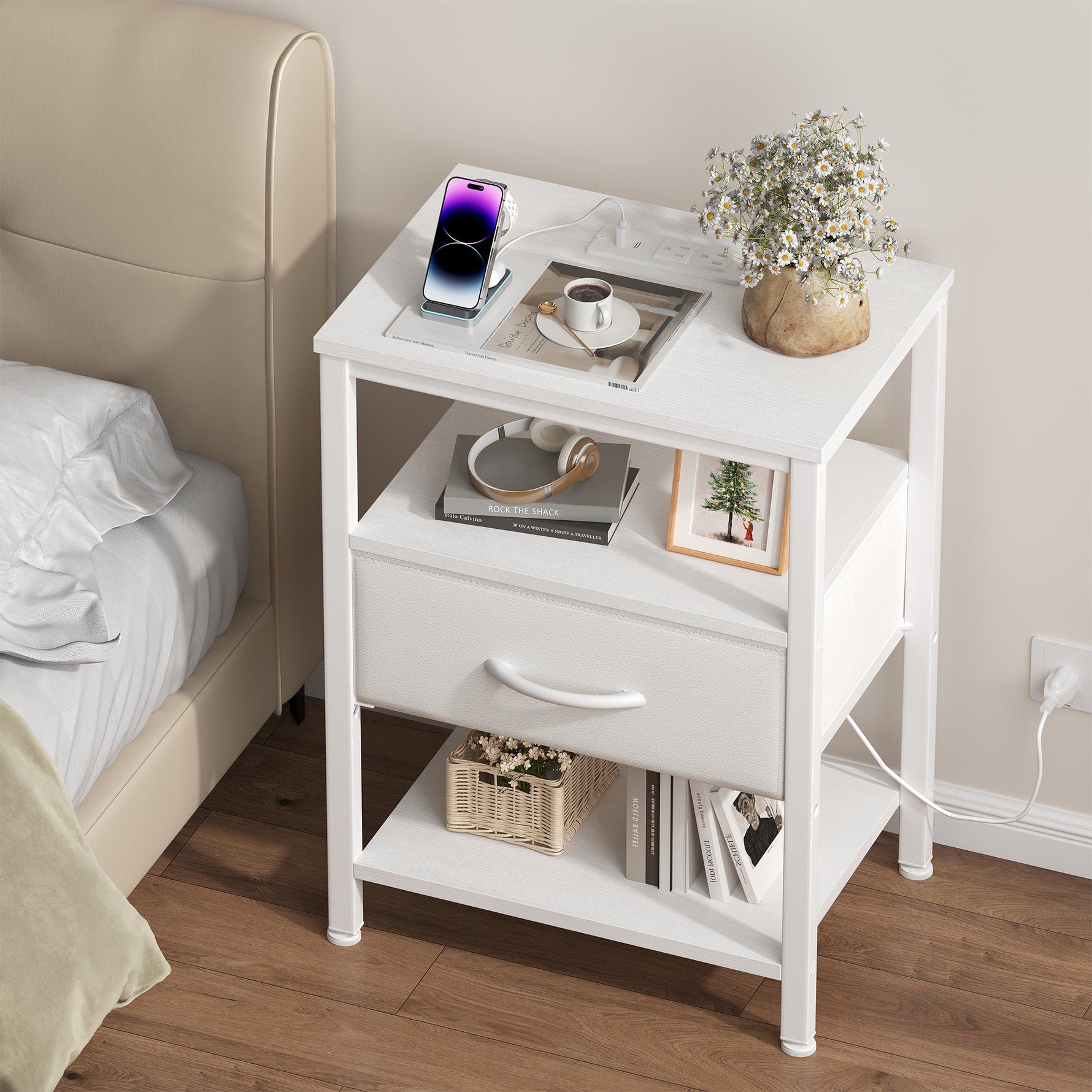 StockMAX Modern Nightstand with Power Outlets and Fabric Drawer