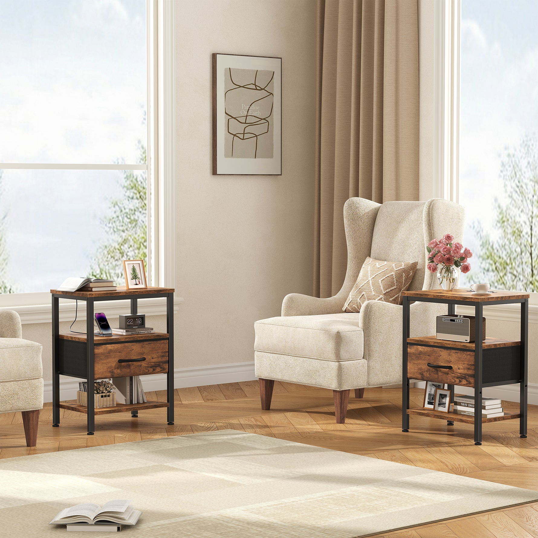 StockMAX Modern Nightstand with Power Outlets and Fabric Drawer