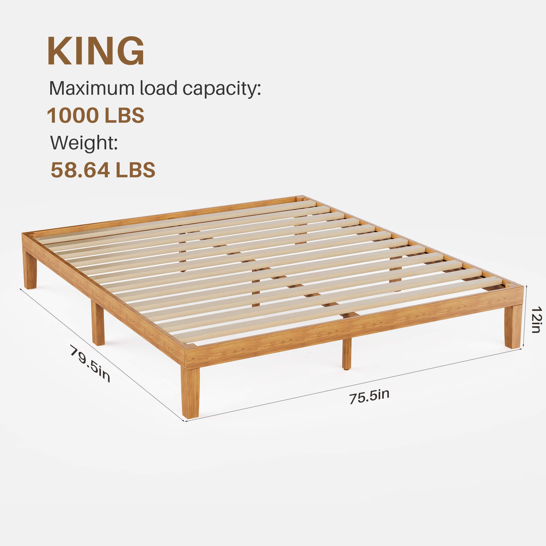 Wooden bed frame with dimensions and load capacity information on a white background