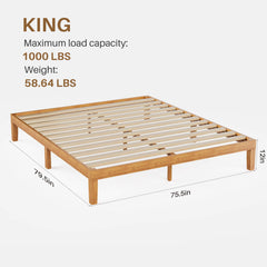 Wooden bed frame with dimensions and load capacity information on a white background