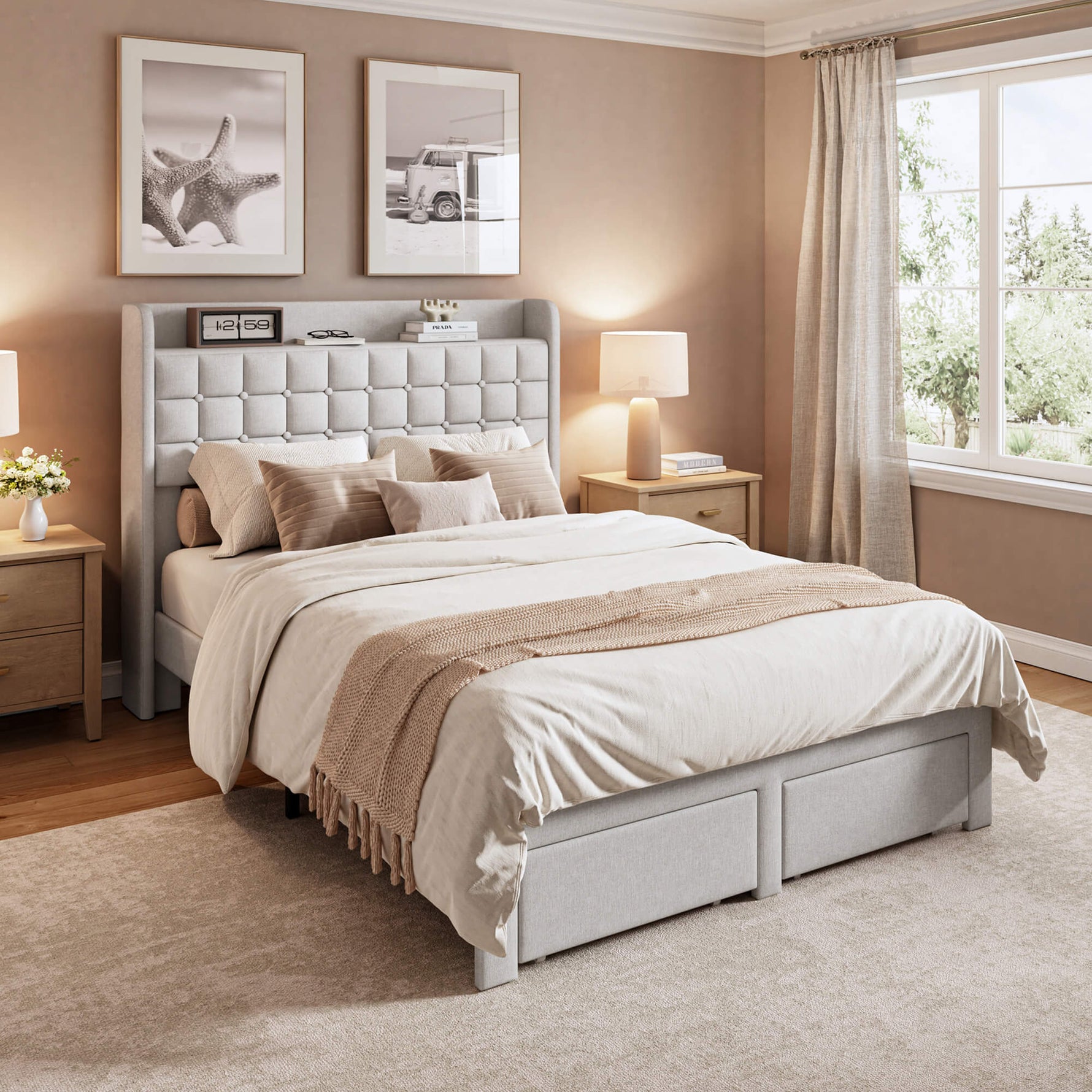 StockMAX Upholstered Heavy Duty Platform Bed Frame with Drawers