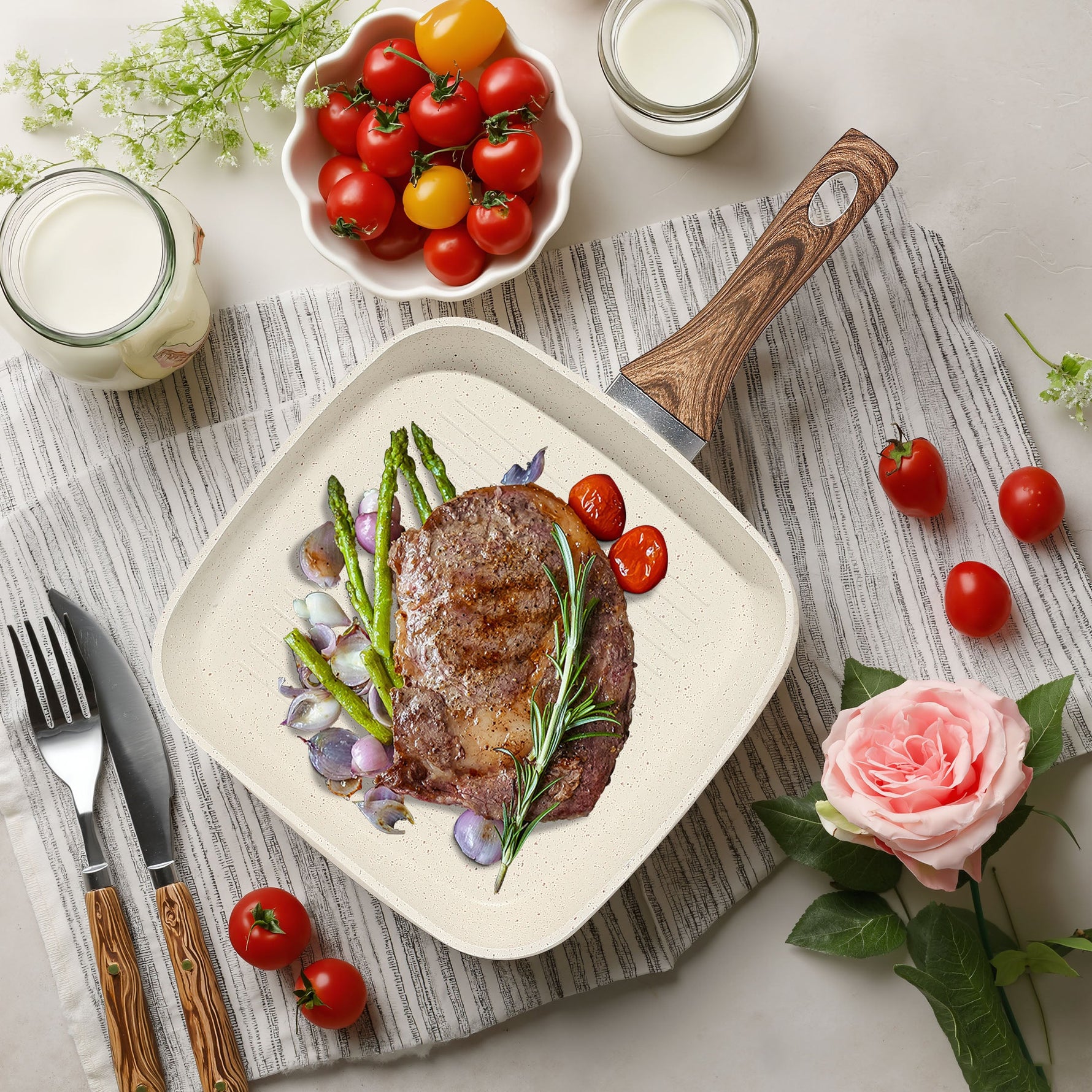 StockMAX Nonstick Cookware Set, Square Frying Pan Set with Wooden Handle