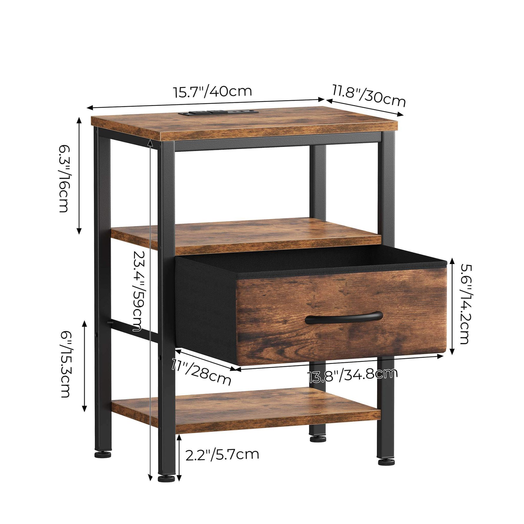 StockMAX Modern Nightstand with Power Outlets and Fabric Drawer