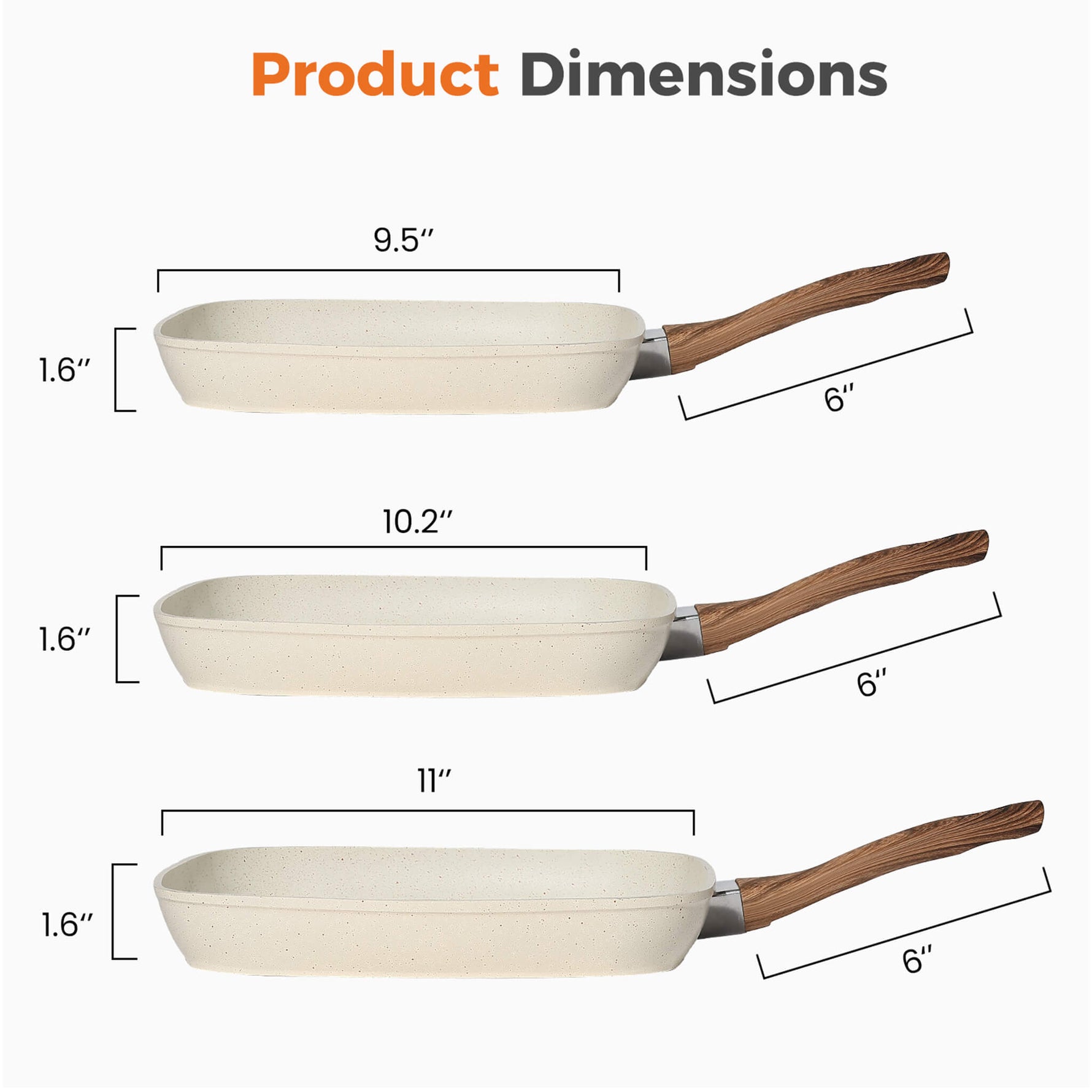 StockMAX Nonstick Cookware Set, Square Frying Pan Set with Wooden Handle