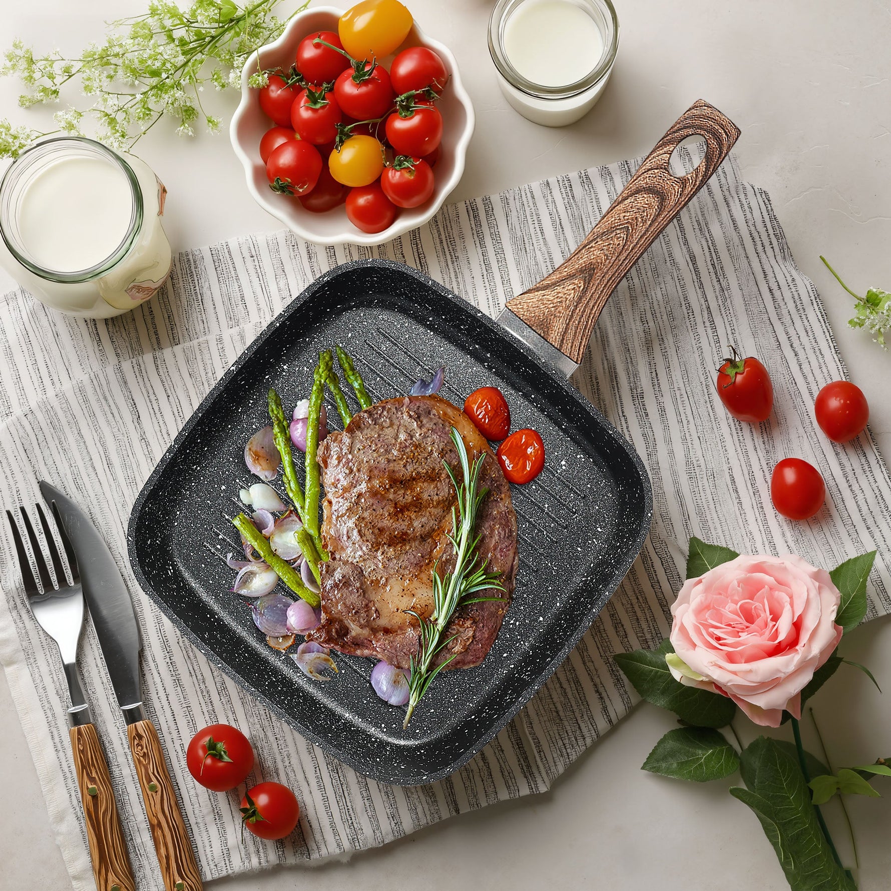 StockMAX Nonstick Cookware Set, Square Frying Pan Set with Wooden Handle