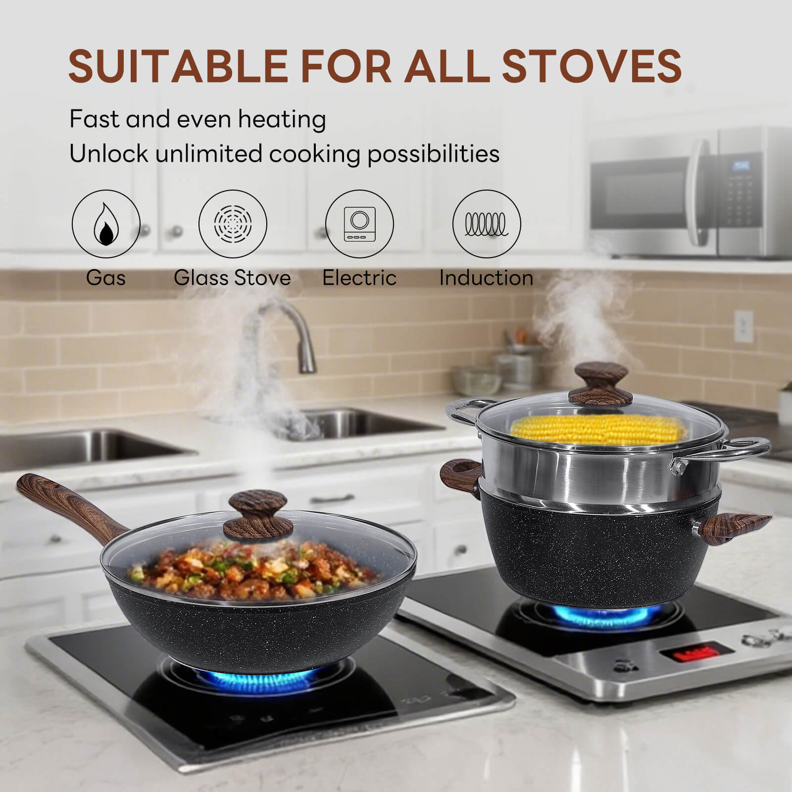 StockMAX 17-Piece Non-Stick Cookware Set with Detachable Handles