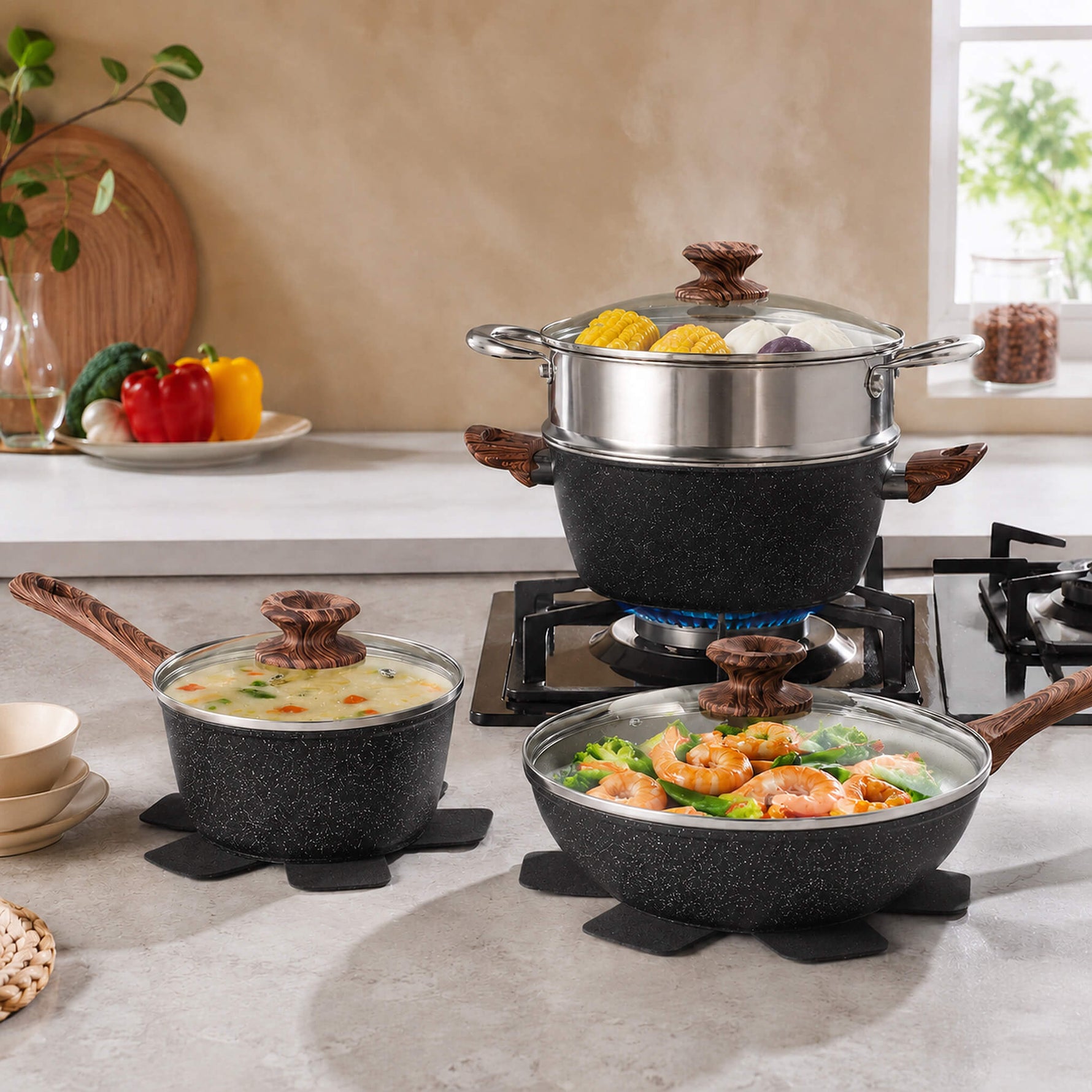 StockMAX 17-Piece Non-Stick Cookware Set with Detachable Handles