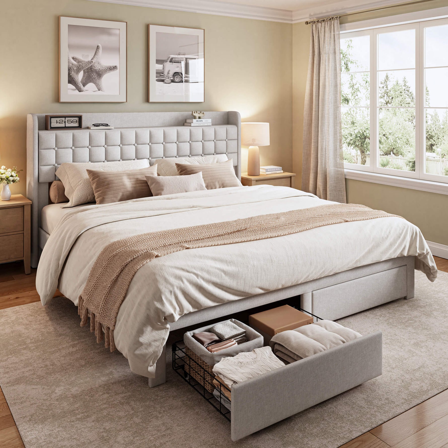 StockMAX Upholstered Heavy Duty Platform Bed Frame with Drawers