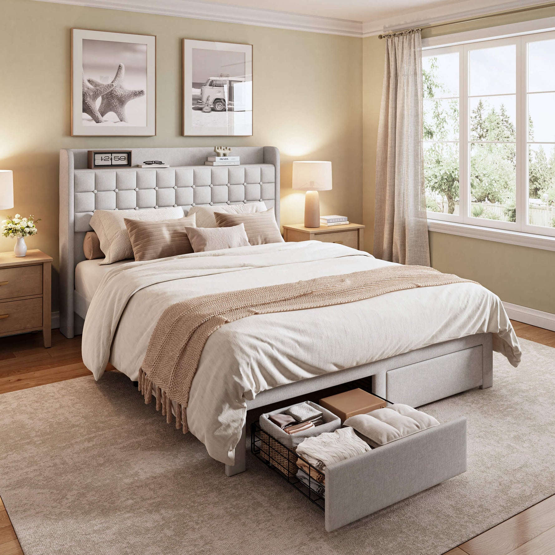 StockMAX Upholstered Heavy Duty Platform Bed Frame with Drawers