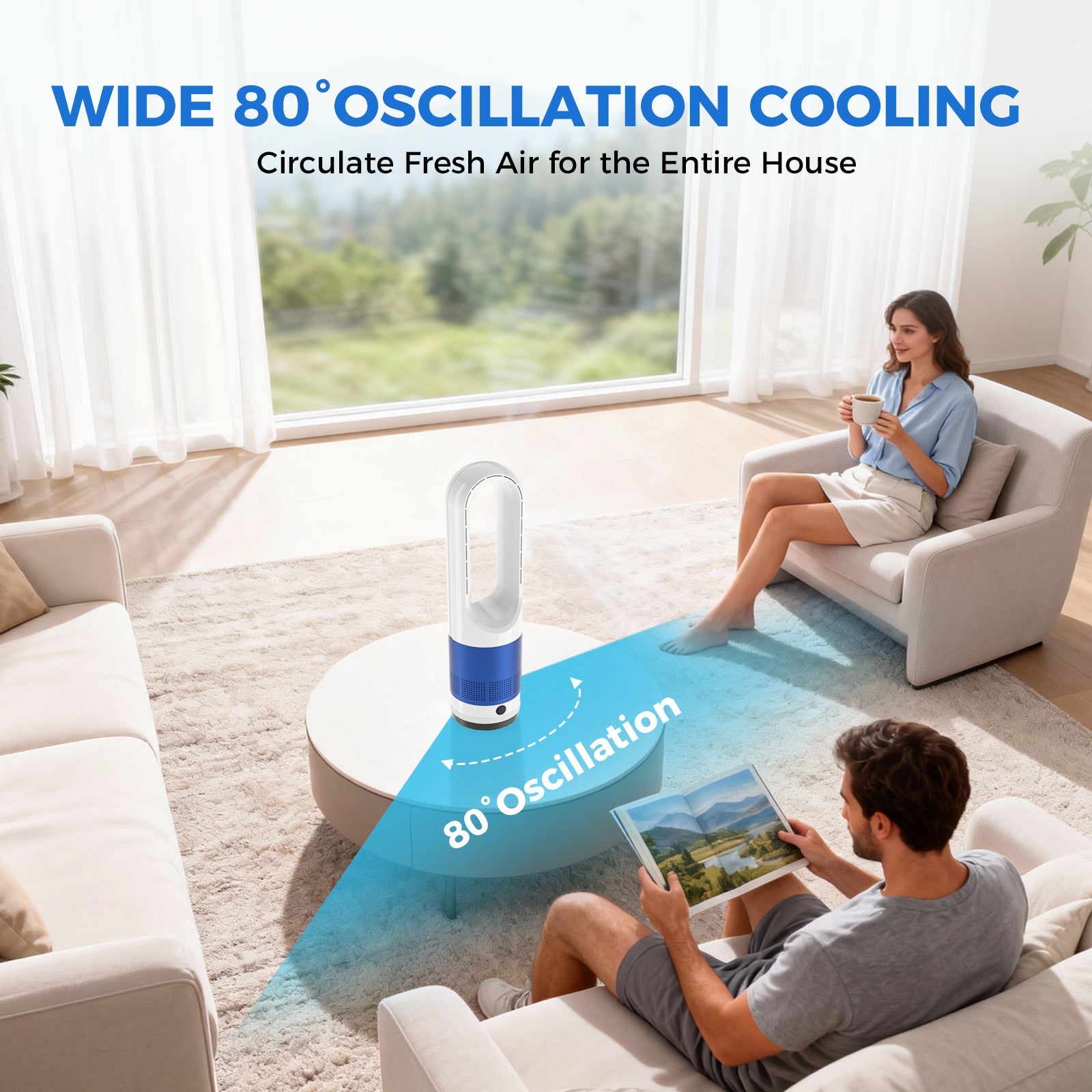 StockMAX Bladeless Tower Fan ，80° Oscillation Quiet Cooling Fan