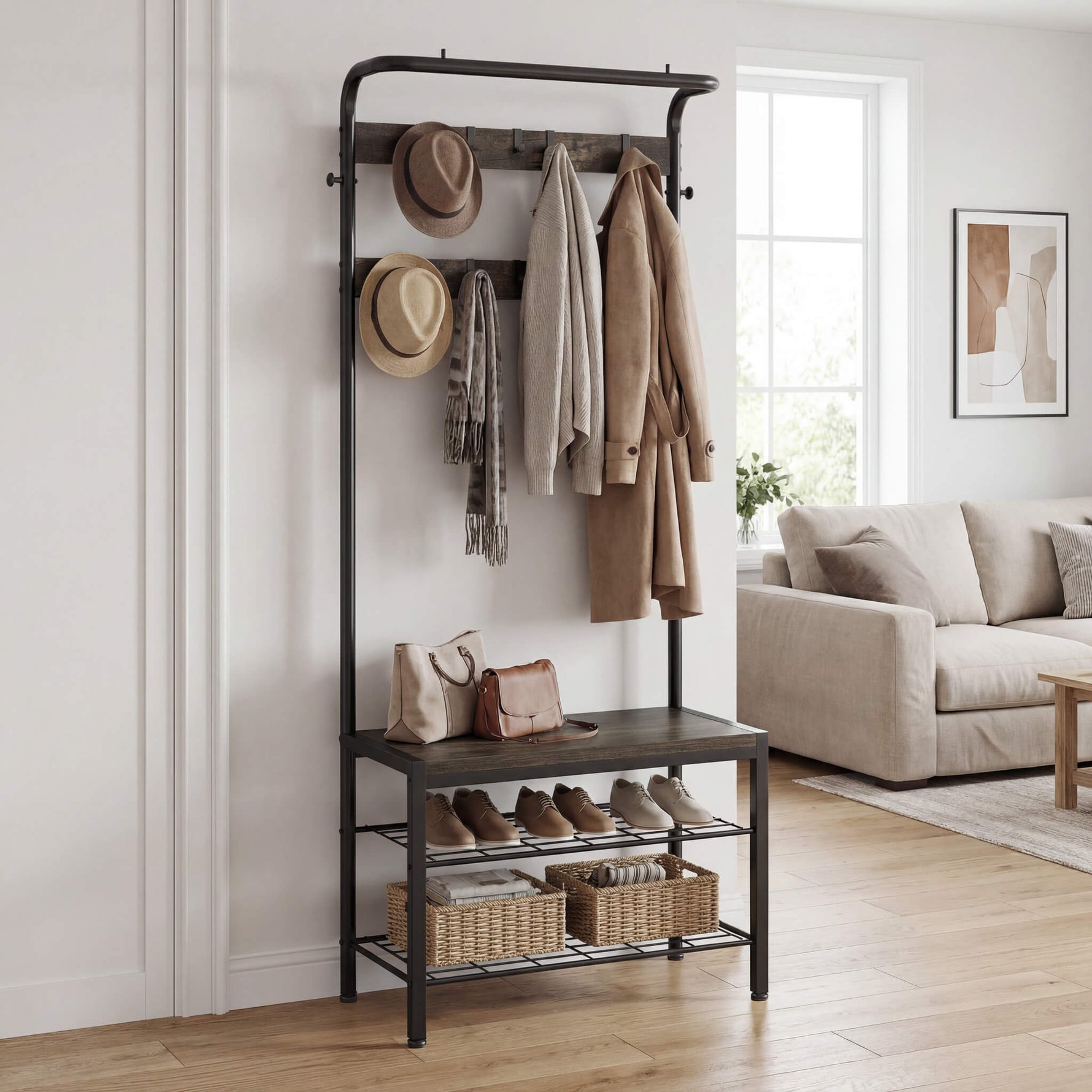 StockMAX Modern Coat Rack with Shoe Bench, Hall Tree for Living Room