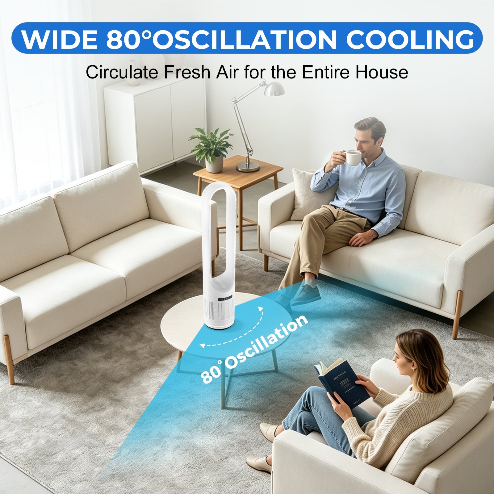 StockMAX Bladeless Tower Fan ，80° Oscillation Quiet Cooling Fan