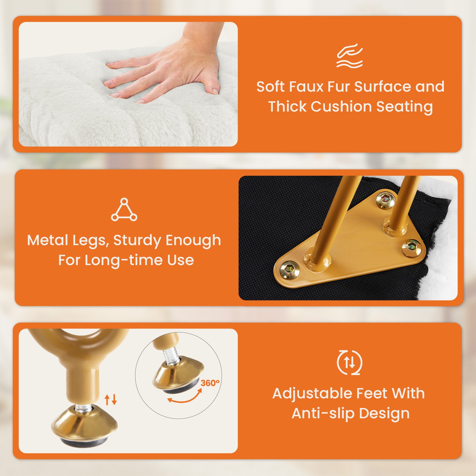 StockMAX Vanity Stool Chair with Storage and Adjustable Metal Feet