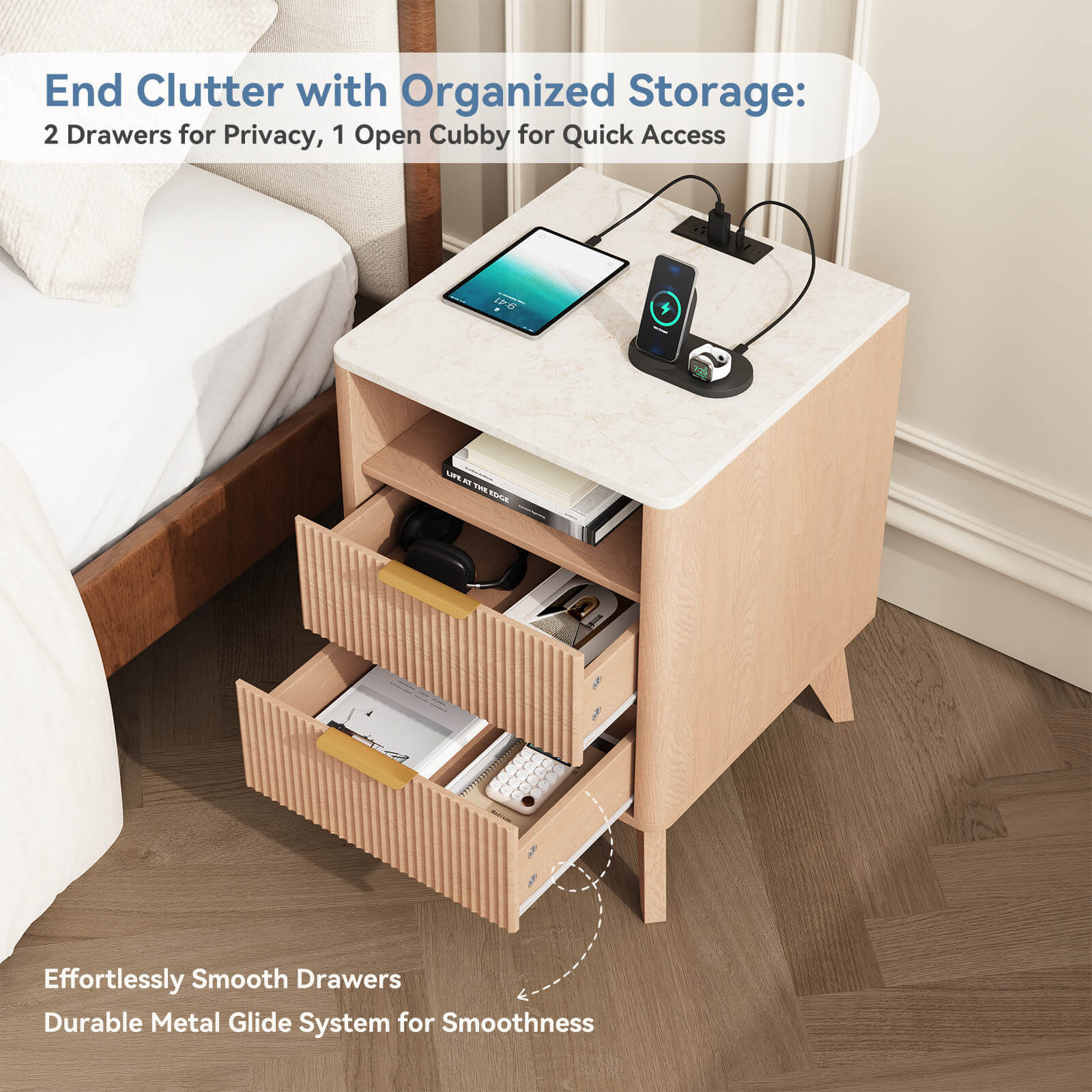 StockMAX Nightstand with AC Outlets – Mid-Century Design