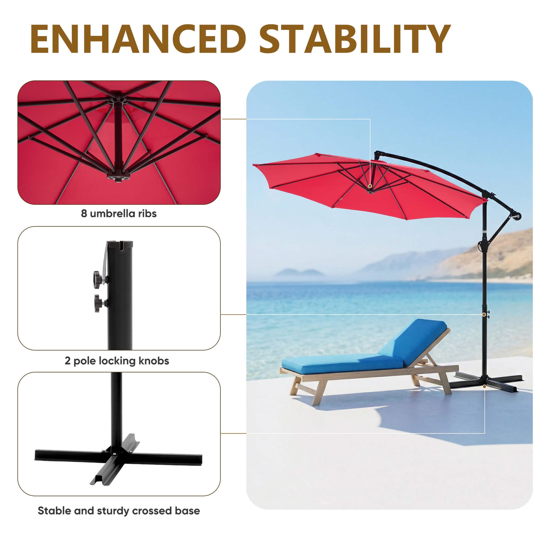StockMAX 10ft Cantilever Patio Umbrella with Crank Lift Mechanism for Garden, Backyard, Poolside