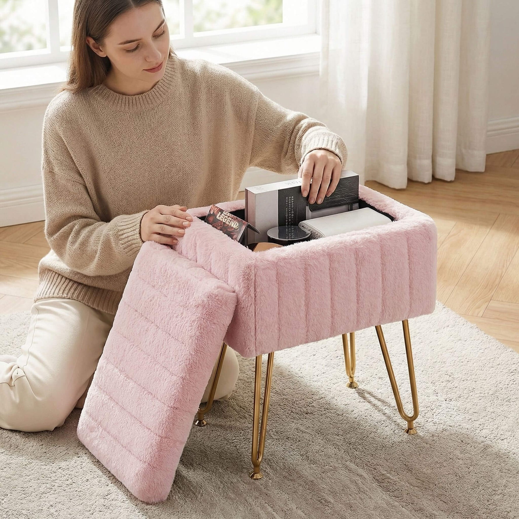 StockMAX Vanity Stool Chair with Storage and Adjustable Metal Feet