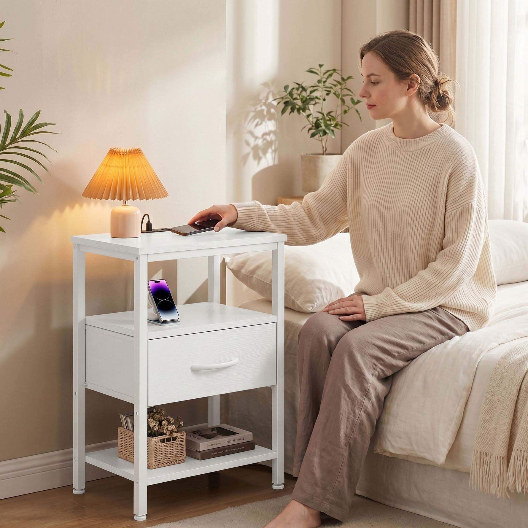 StockMAX Modern Nightstand with Power Outlets and Fabric Drawer