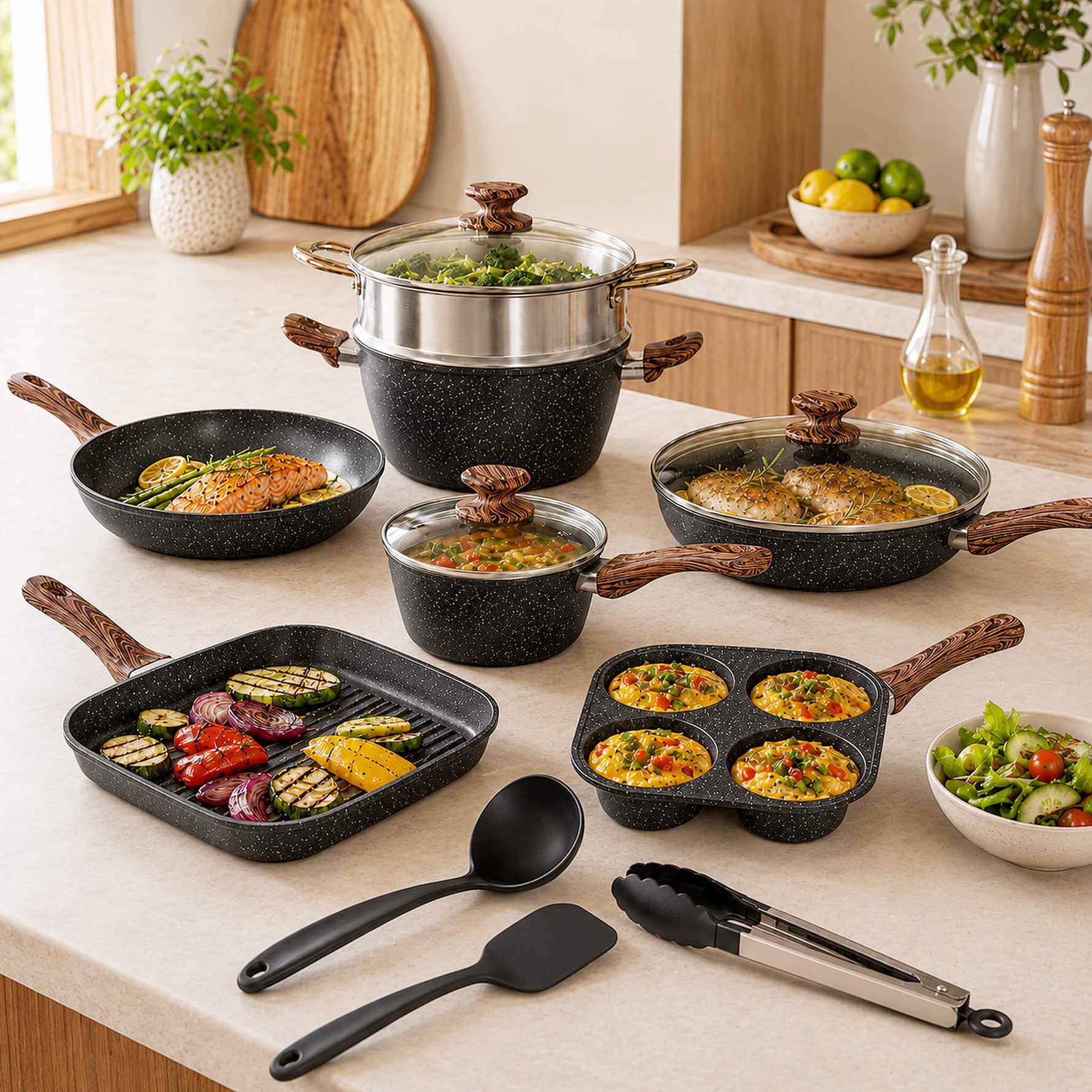StockMAX 17-Piece Non-Stick Cookware Set with Detachable Handles