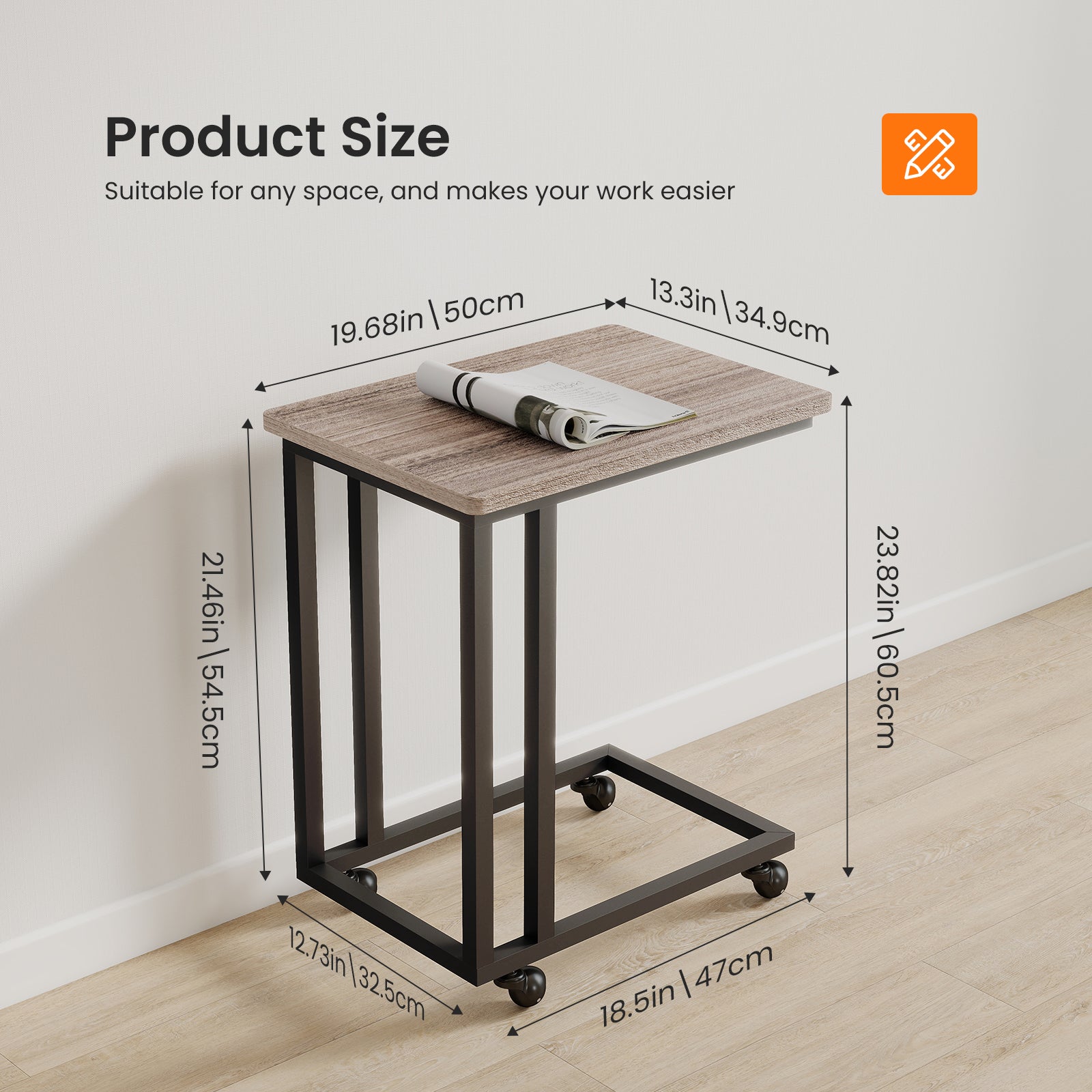 StockMAX C-Shaped Side Table with Removable Casters for Small Spaces