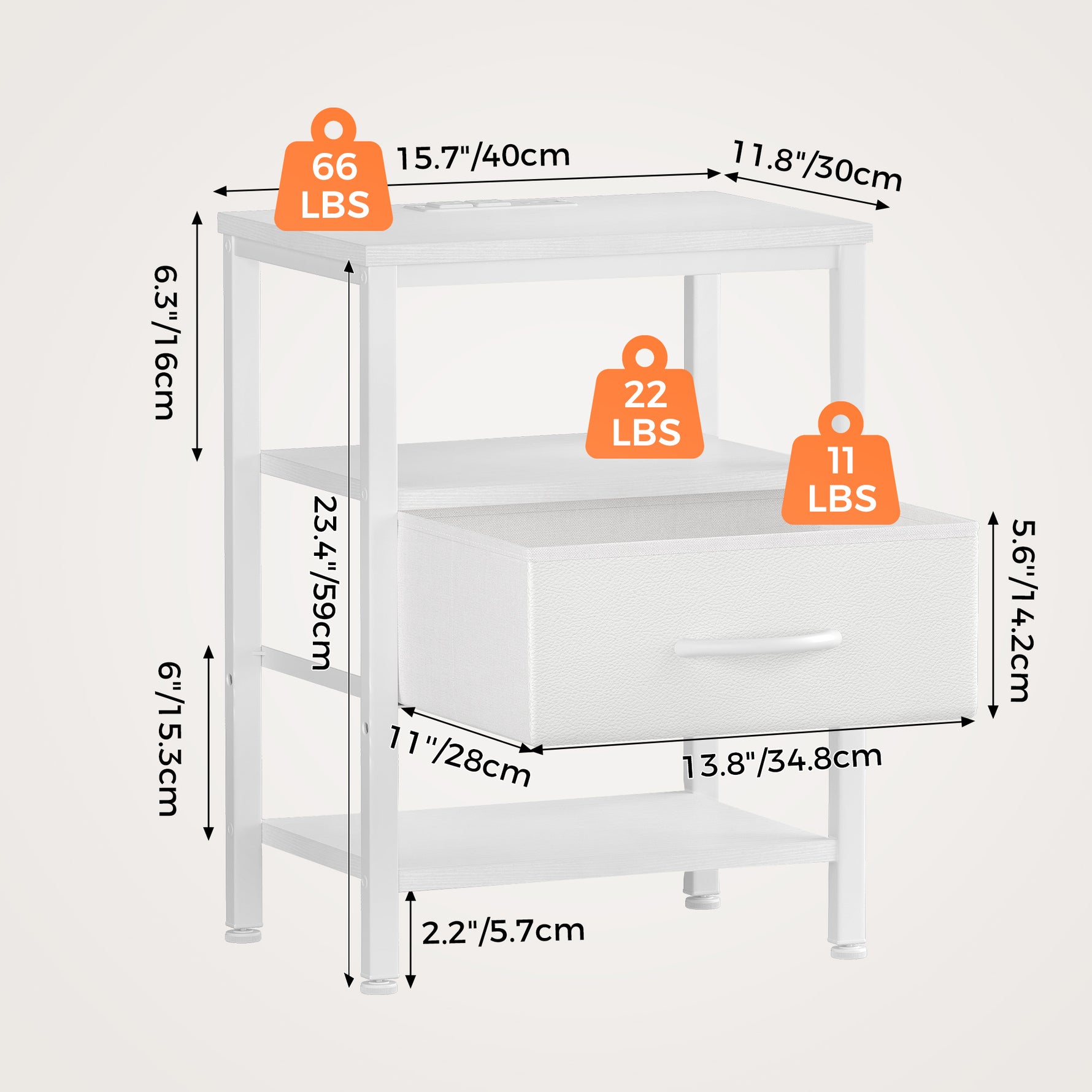 StockMAX Modern Nightstand with Power Outlets and Fabric Drawer