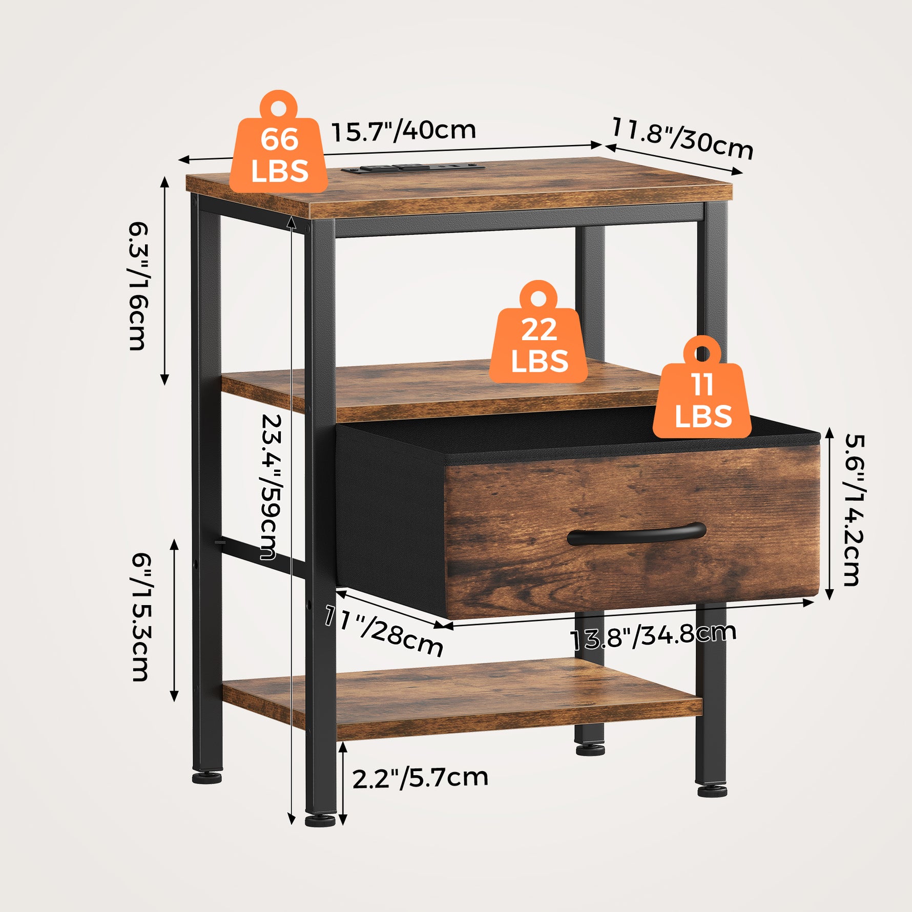 StockMAX Modern Nightstand with Power Outlets and Fabric Drawer