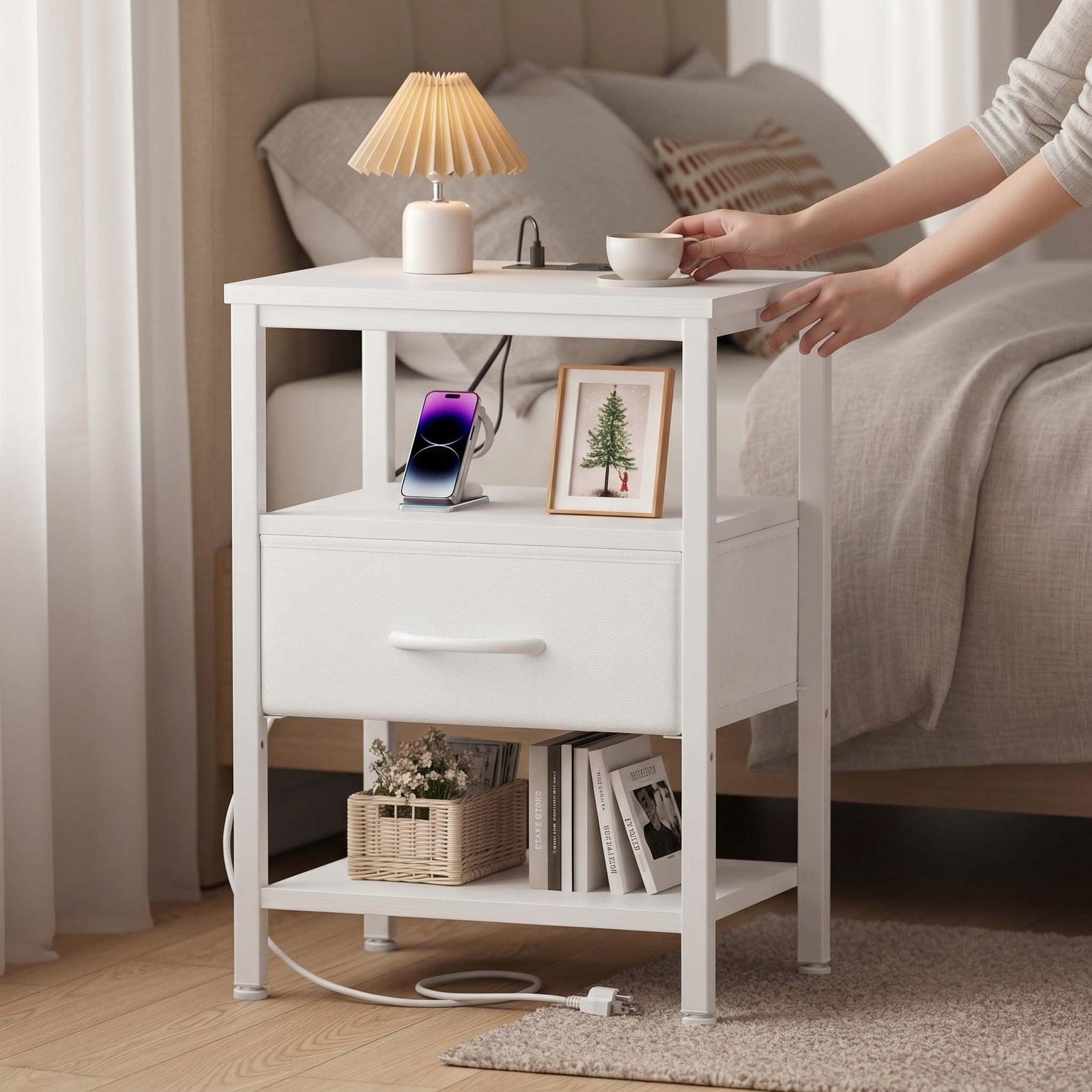 StockMAX Modern Nightstand with Power Outlets and Fabric Drawer