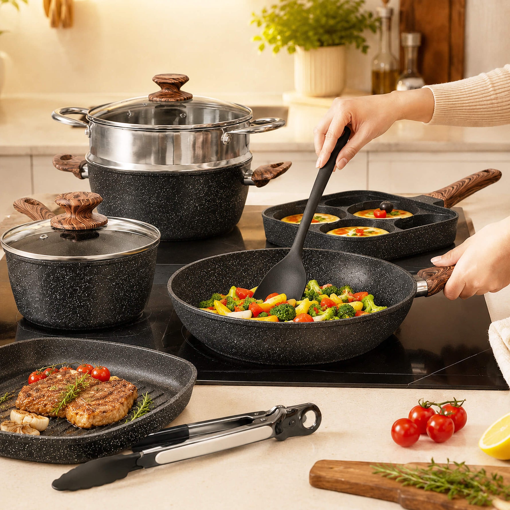 StockMAX 17-Piece Non-Stick Cookware Set with Detachable Handles