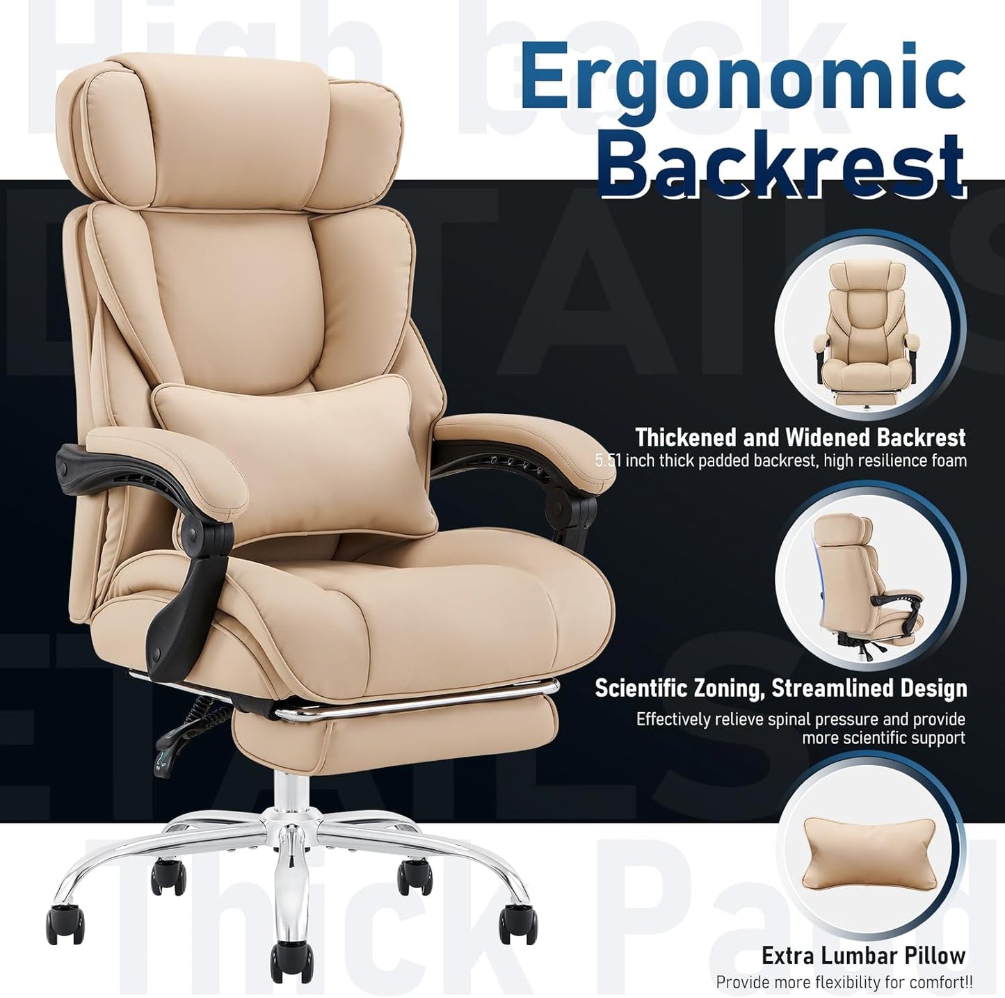 Office Chair with Footrest-Ergonomic Computer Chair with Extra Lumbar Support Pillow 6754