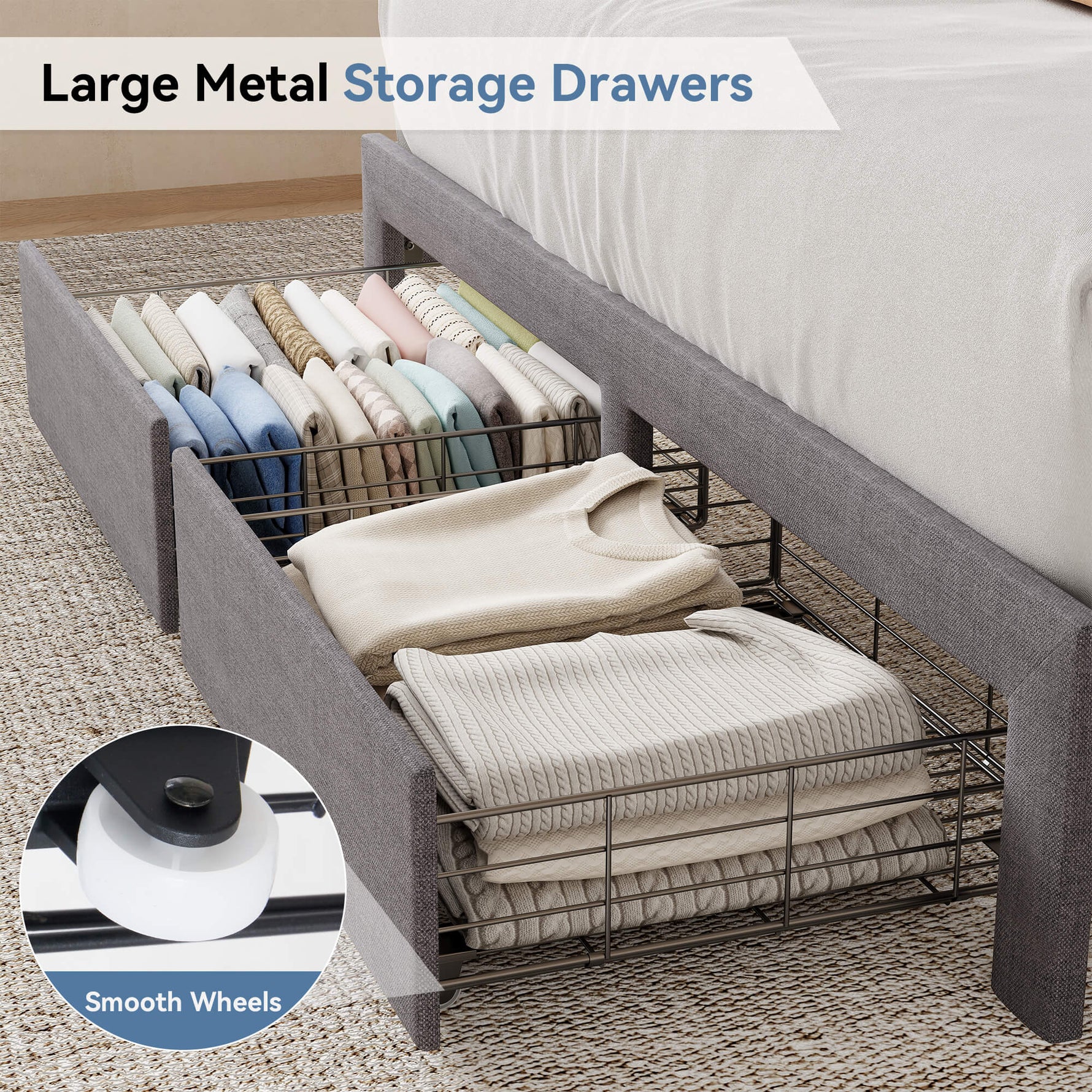 StockMAX Upholstered Heavy Duty Platform Bed Frame with Drawers