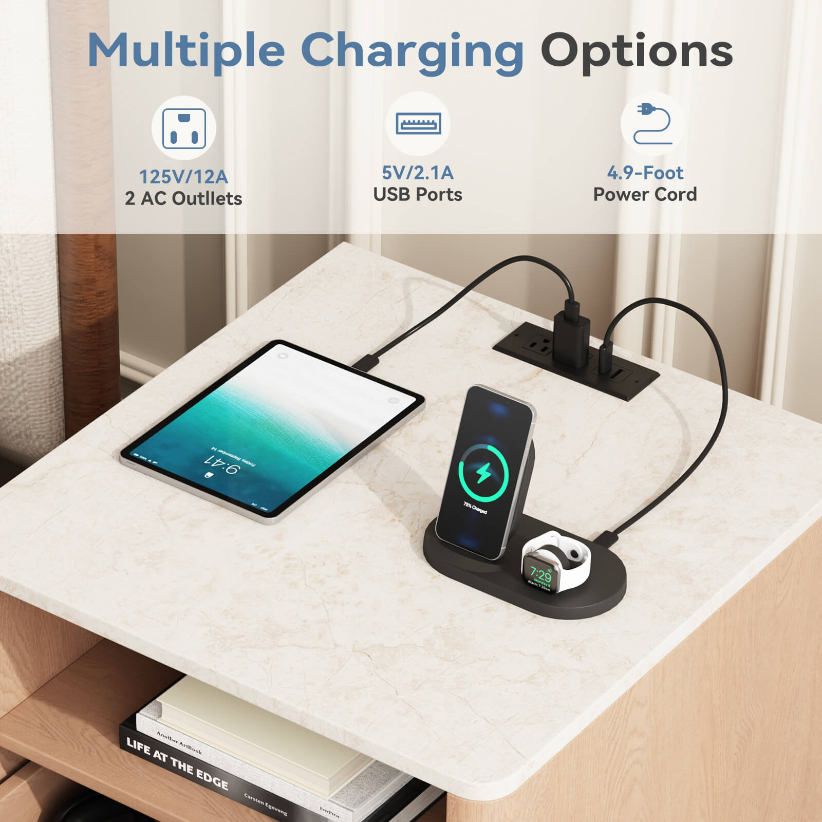 StockMAX Nightstand with AC Outlets – Mid-Century Design