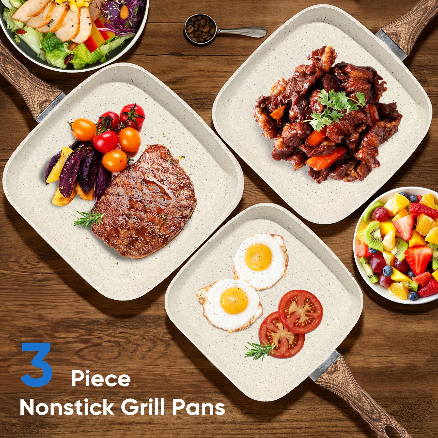 StockMAX Nonstick Cookware Set, Square Frying Pan Set with Wooden Handle