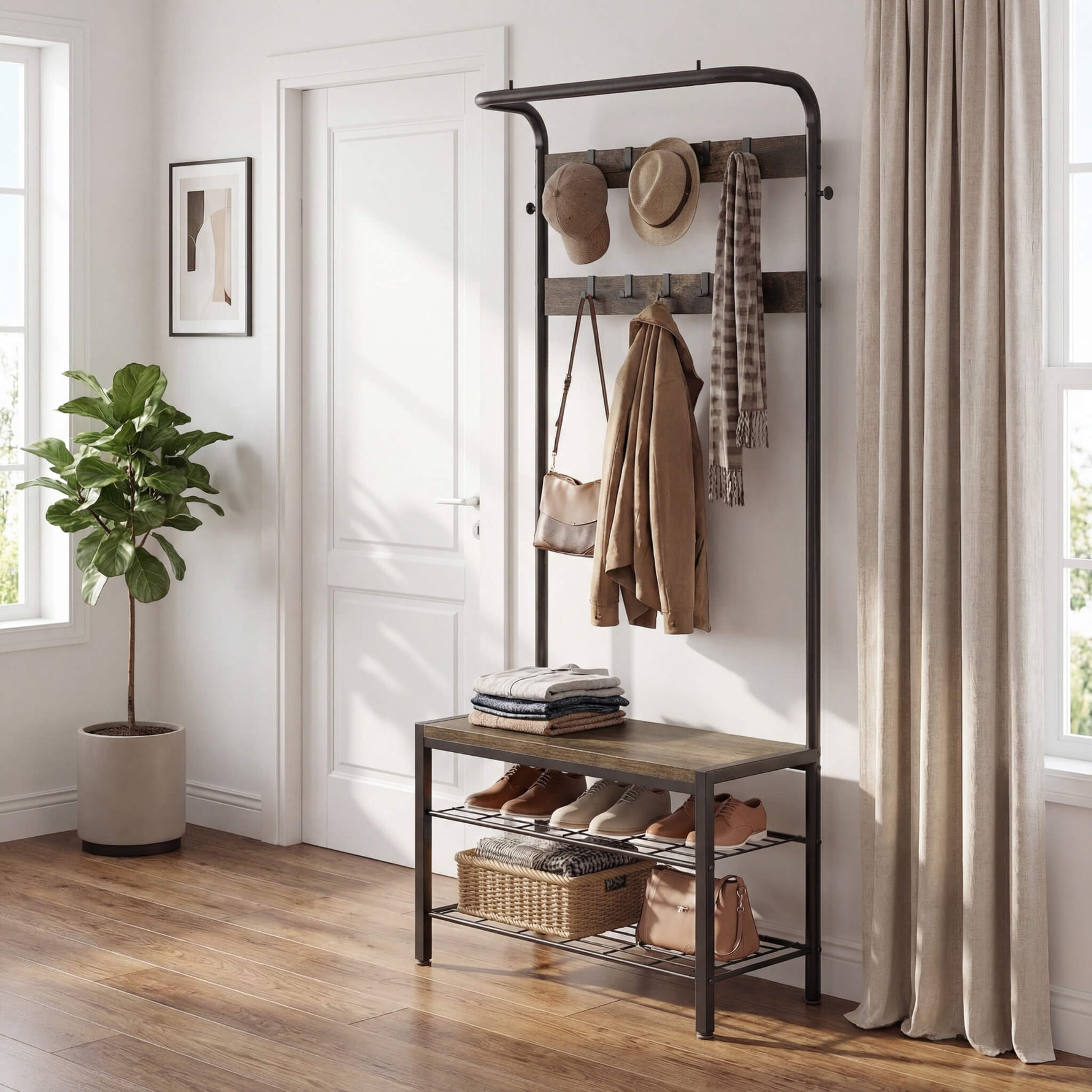 StockMAX Modern Coat Rack with Shoe Bench, Hall Tree for Living Room