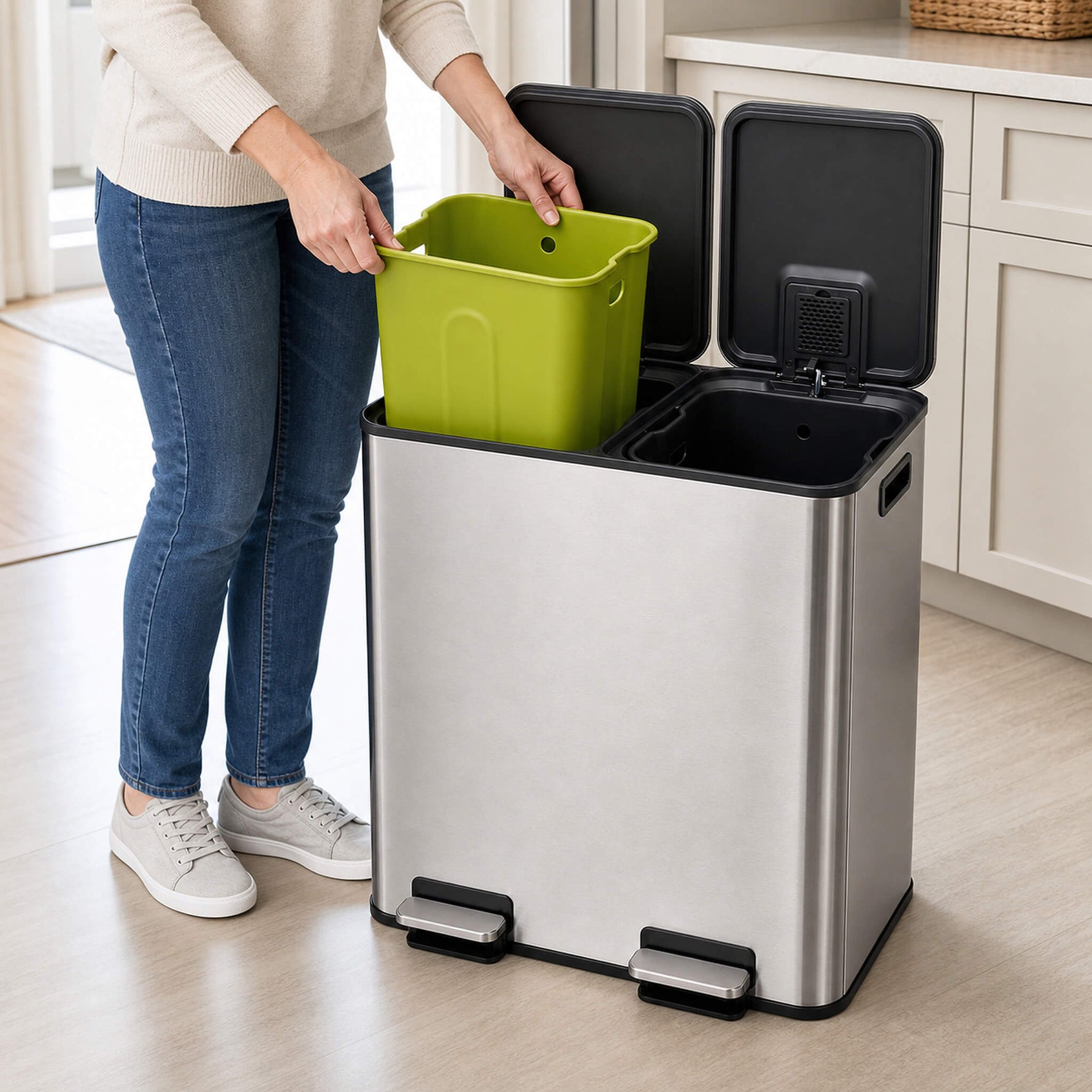 StockMAXDouble-Bin Stainless Steel Trash Can with Lid
