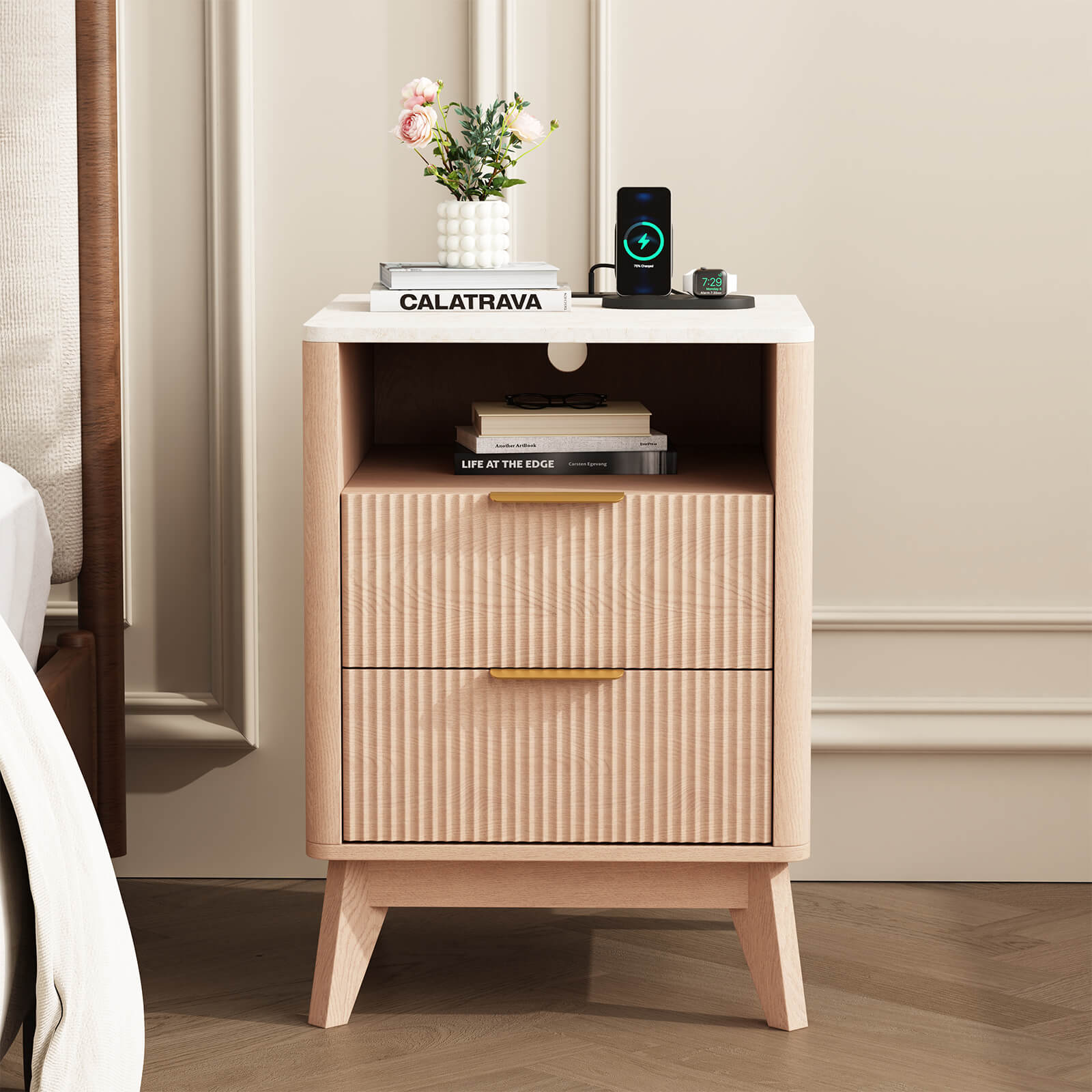 StockMAX Nightstand with AC Outlets – Mid-Century Design